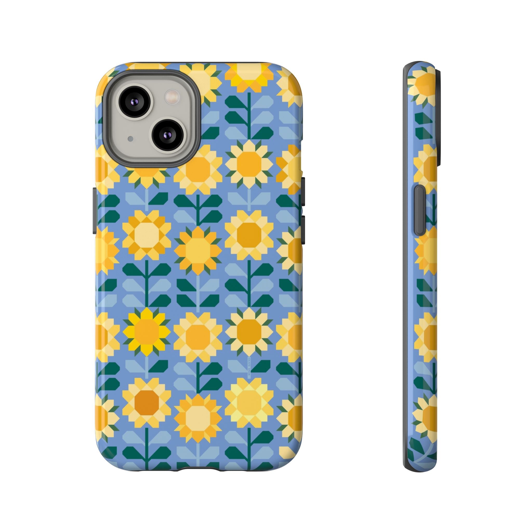 Sunflowers Tough iPhone 14 Case – Glossy | blue, yellow, gold geometric sunflower print