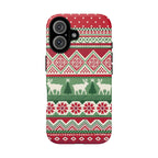 Telemark Tough iPhone 16 Case – Matte | red, green, cream fair isle reindeer Nordic print