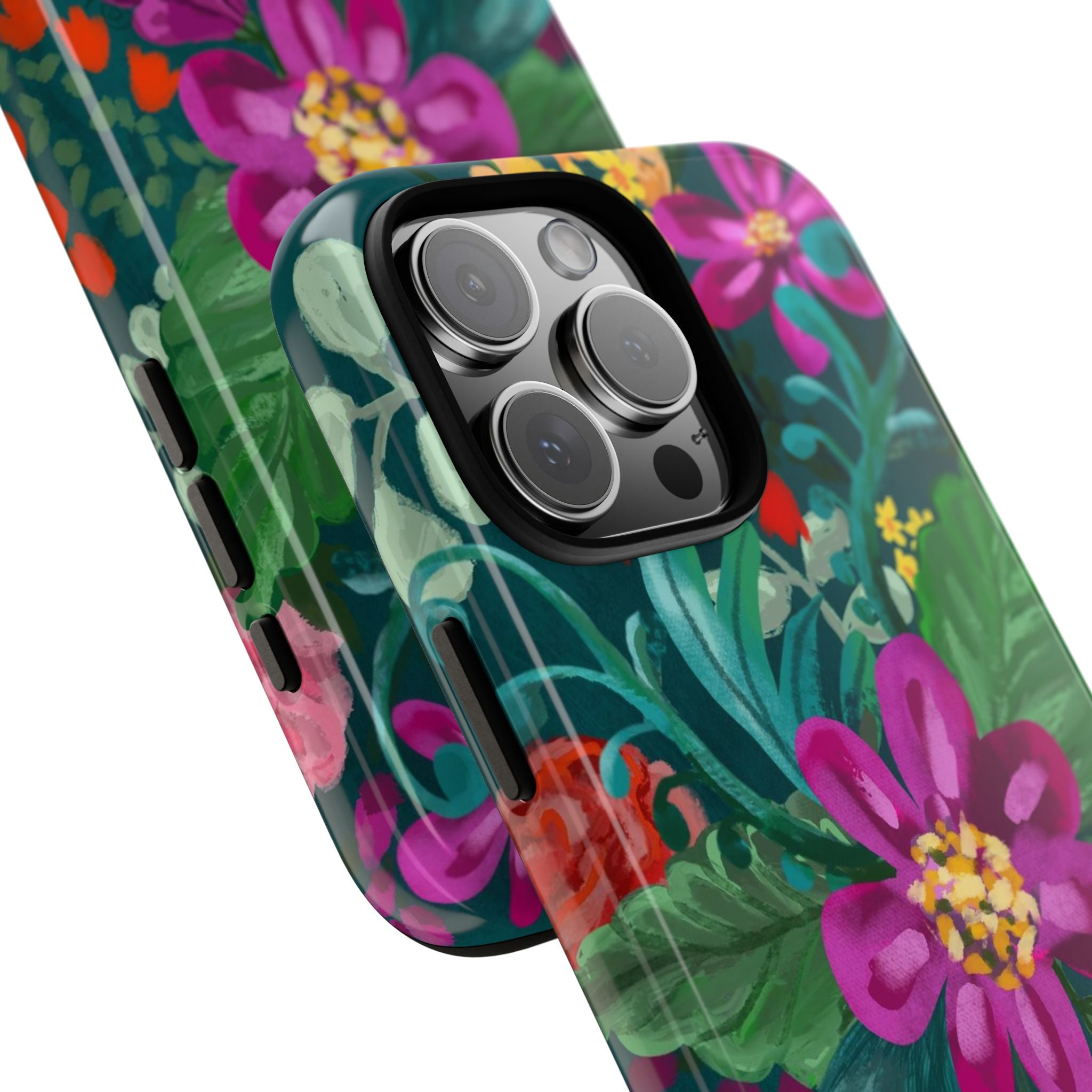 Posy Tough iPhone 16 Pro Max Case – detail of camera cutout | teal, purple, magenta, yellow botanical wildflower print