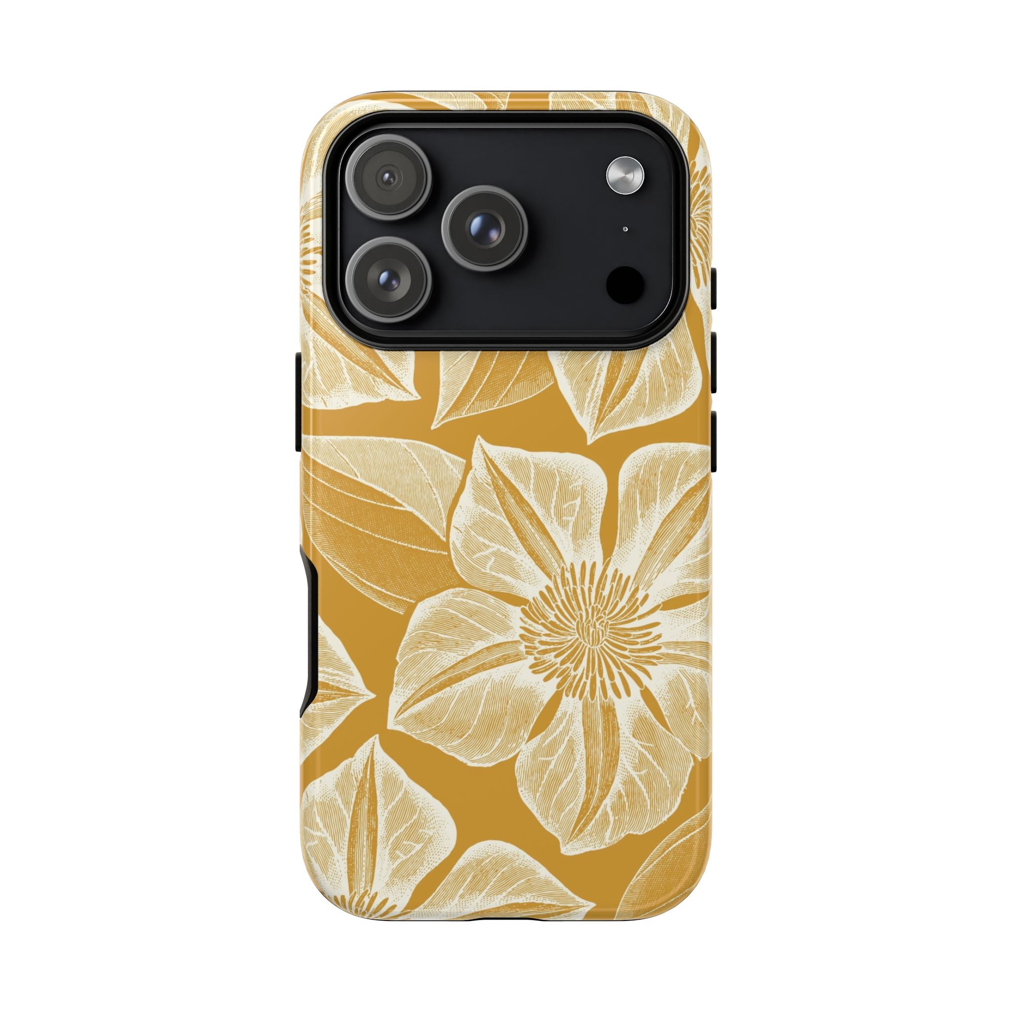Vintage Bloom Gold iPhone 17 Pro case – Glossy | gold ground, large-scale cream clematis print, engraved petal detail, dual-layer protection