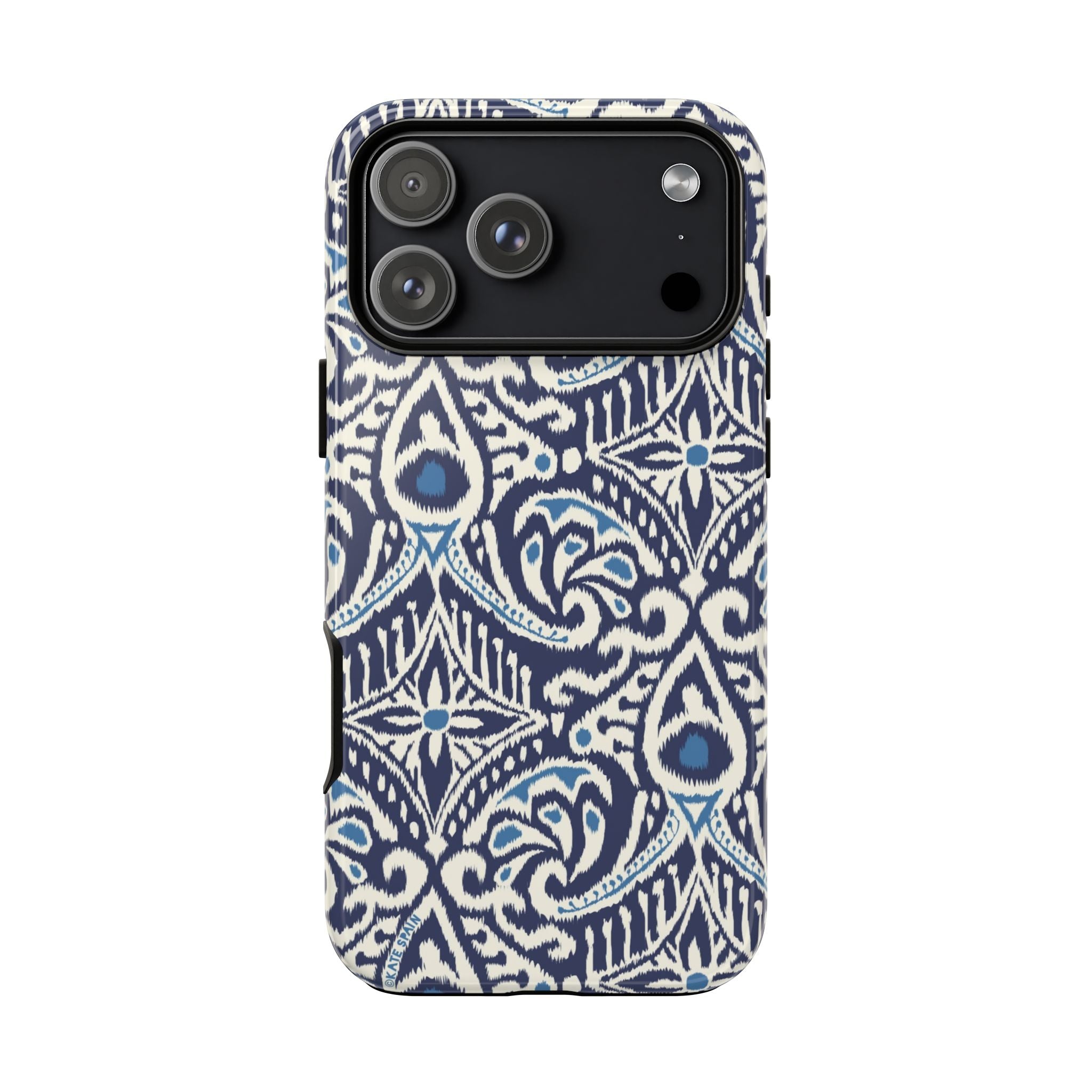 Ikat Tough iPhone 17 Pro Max Case – Glossy | navy, cream, blue ikat medallion print