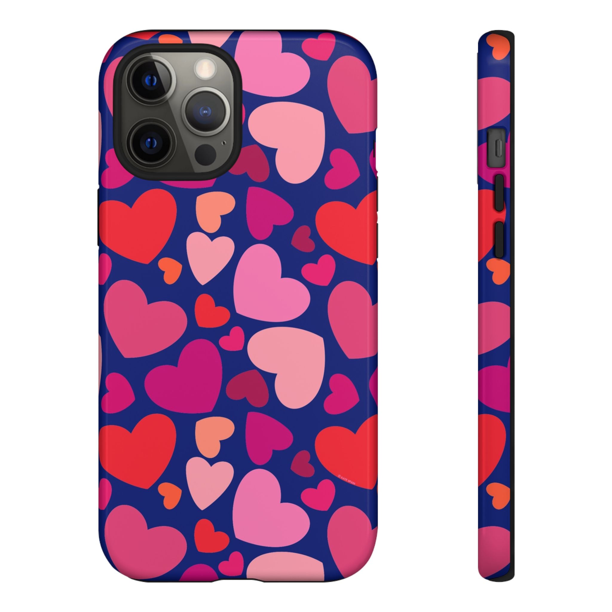 Hearts Tough iPhone 12 Pro Max Case – Glossy | navy, pink, red, coral scattered heart print