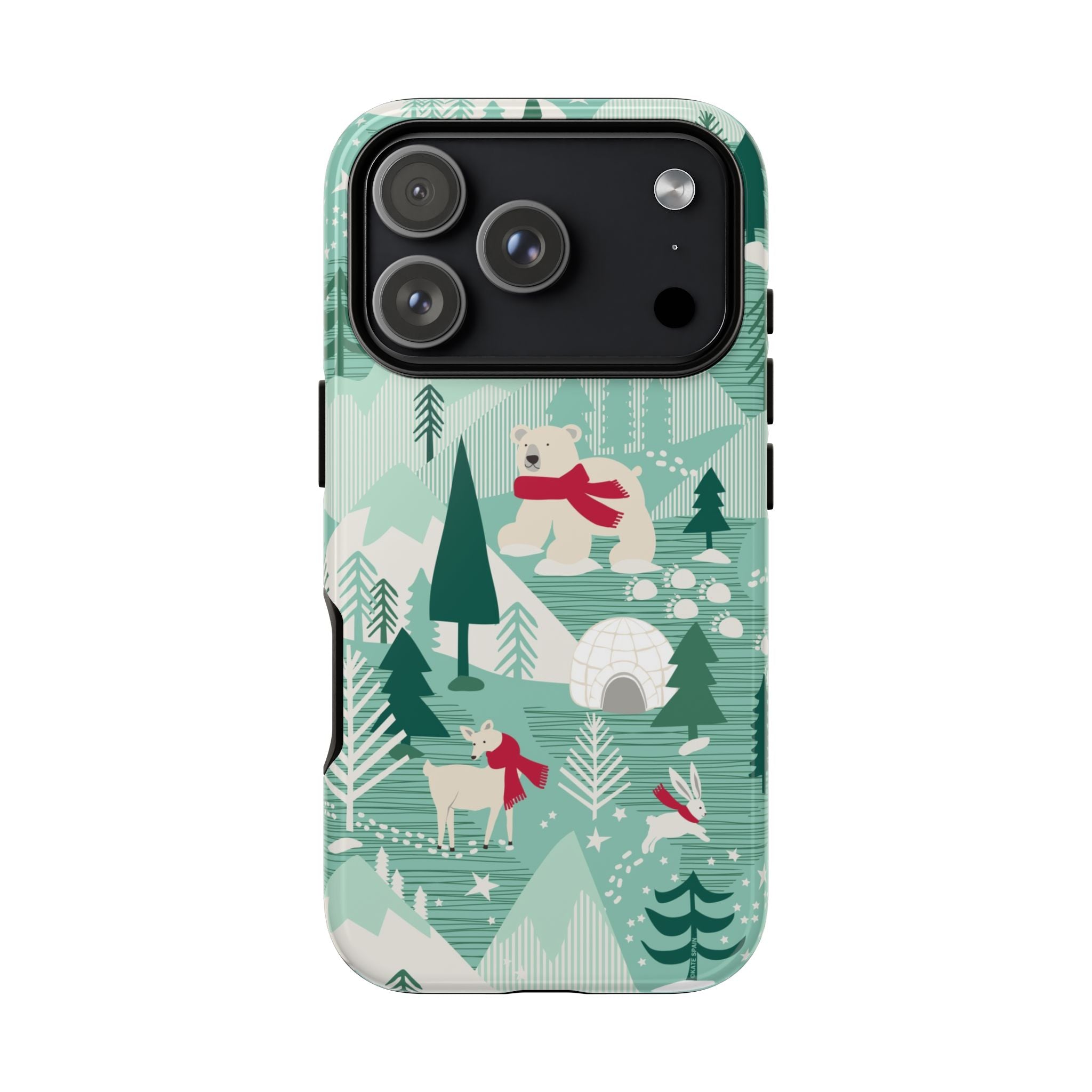 Arctica Winter Tough iPhone 17 Pro Case – Glossy | aqua, evergreen, white, animal frolic winter wonderland print