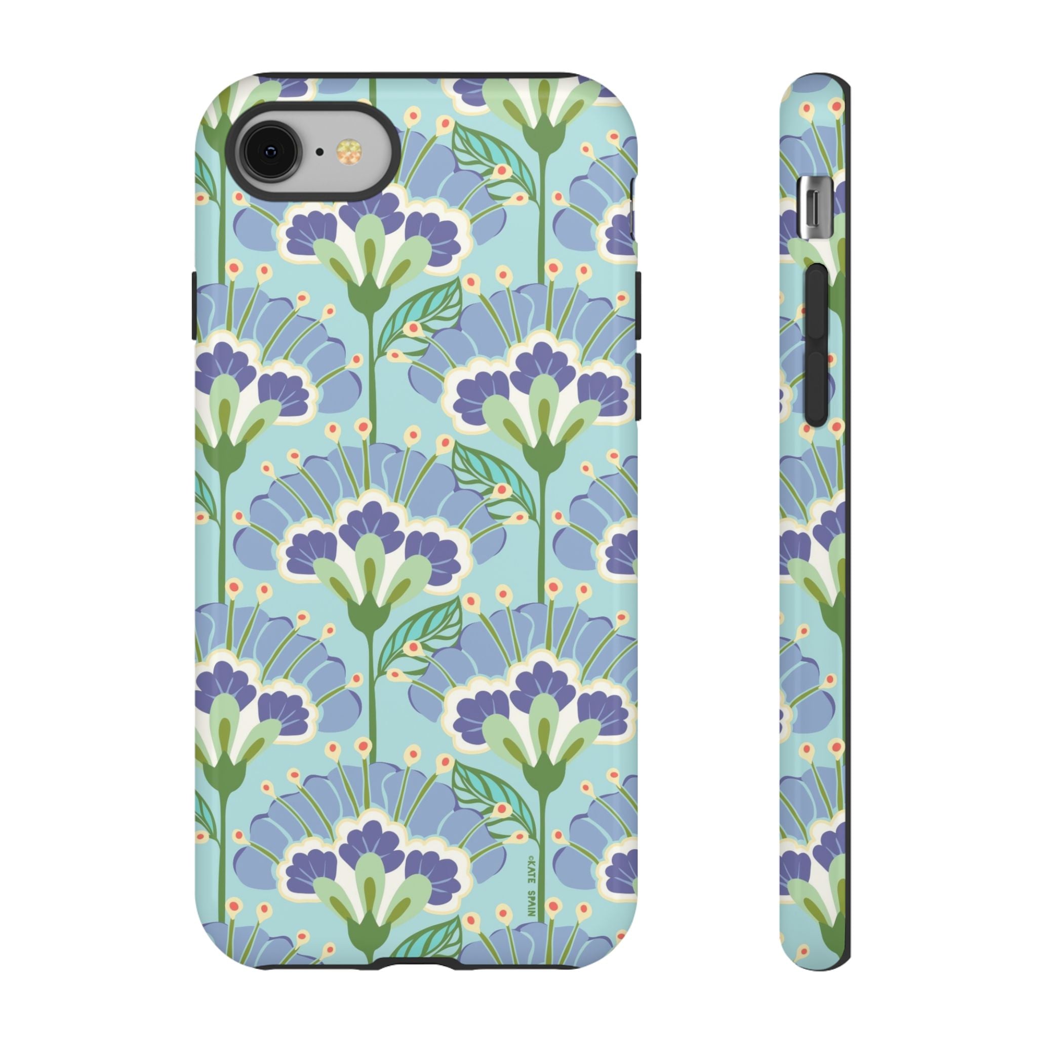 Lantern Flower Tough iPhone 8 Case – Glossy | aqua, periwinkle, green botanical lantern floral print