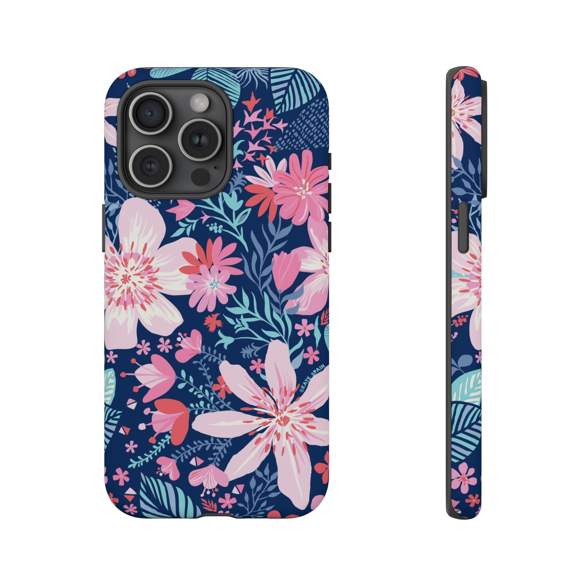 Bonaire Tough iPhone 15 Pro Max Case – Matte | navy, pink, white tropical floral botanical print