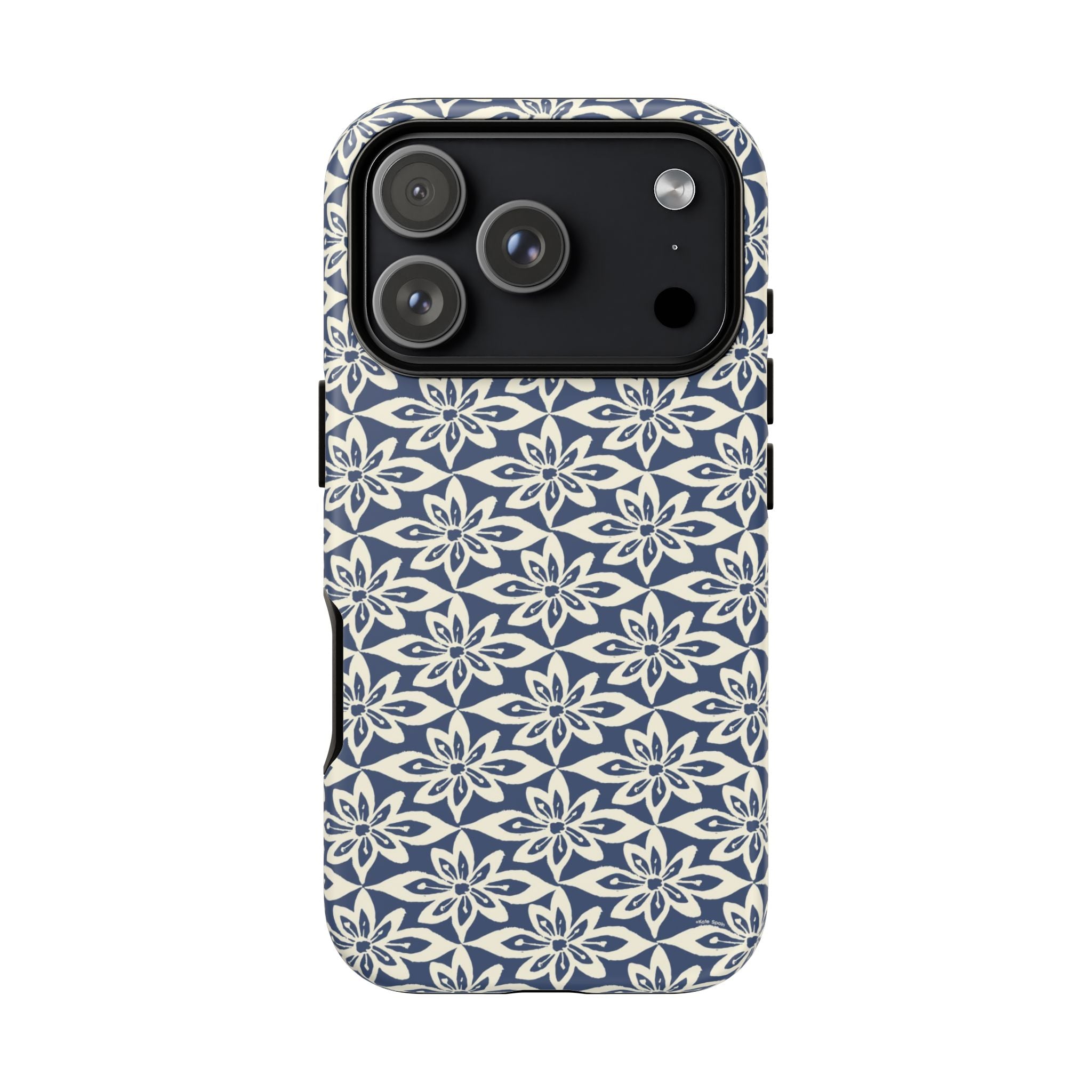 Lily Navy Blue iPhone 17 Air Matte case — geometric cream lily print on navy blue by Kate Spain