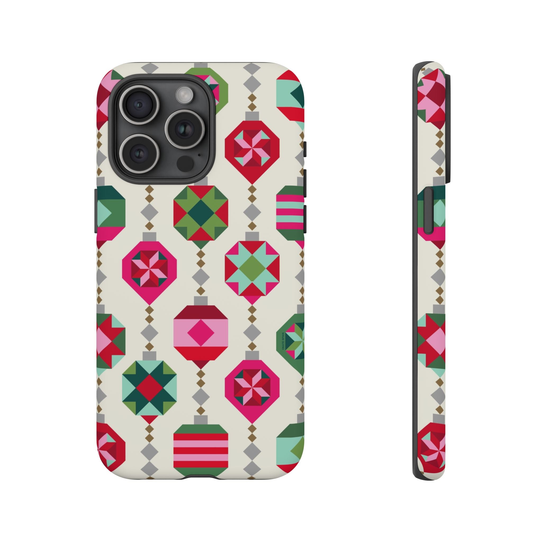 Felicity Ornaments Tough iPhone 15 Pro Max Case – Matte | cream, red, pink, green, mint geometric quilted ornament print