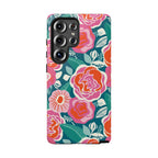 Luxury Tea Rose Teal Samsung Galaxy S25 Ultra Case – Matte | teal, coral, pink botanical rose floral print