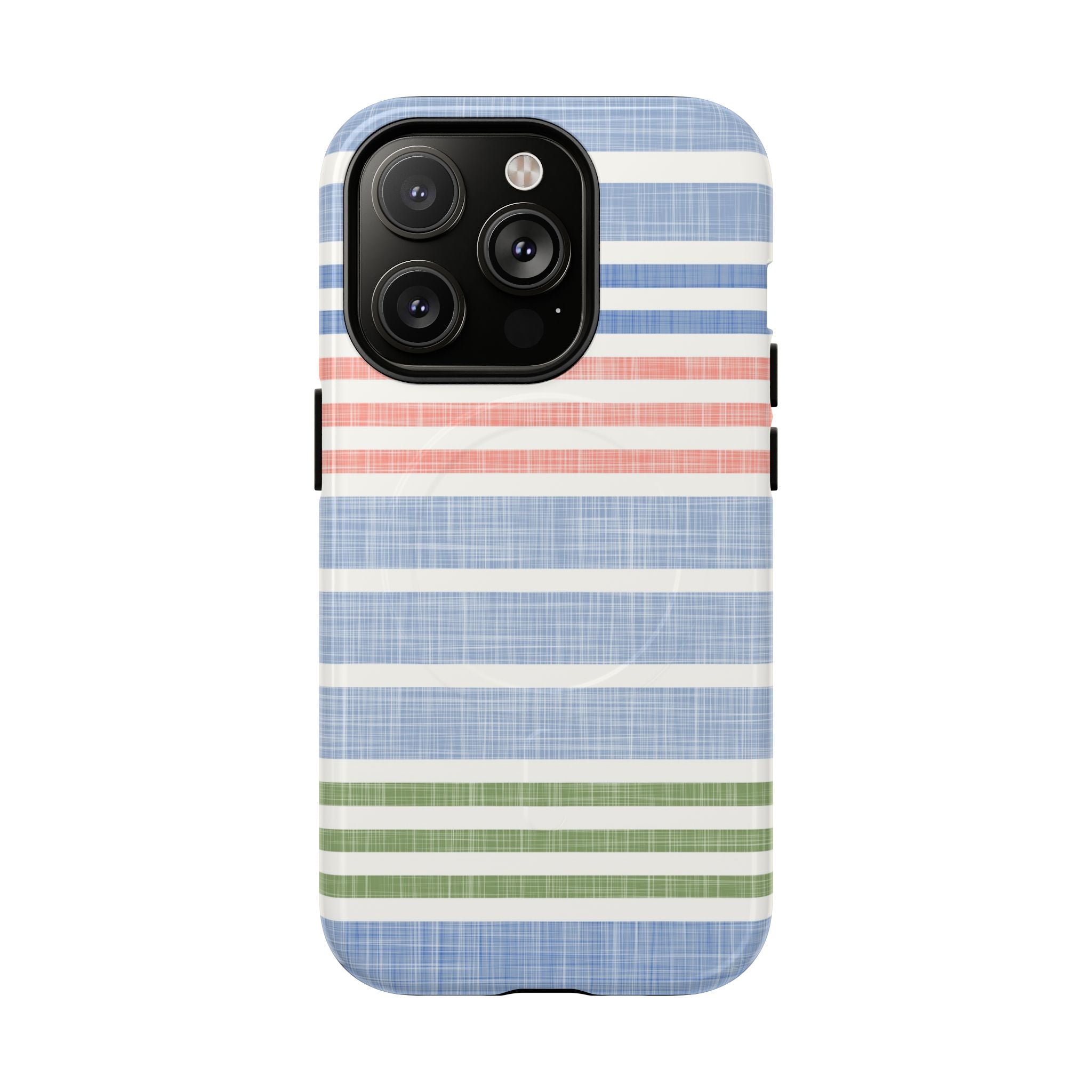 Cabana Stripe Pastel MagSafe iPhone 14 Pro Case – Glossy | soft blue, coral, sage green chambray-textured stripe print MagSafe compatible, dual-layer protection