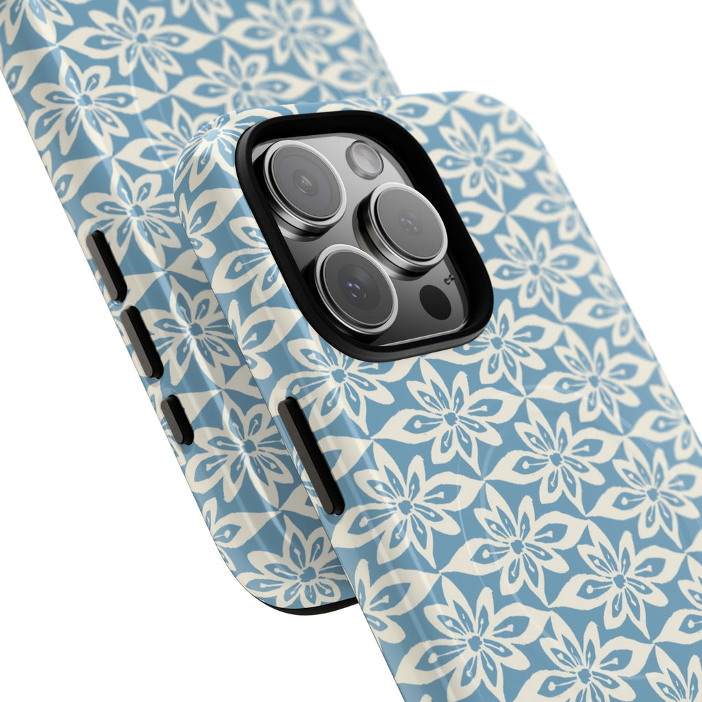 Lily Blue MagSafe iPhone 17 Case – Glossy | dual-layer construction detail showing case and inner lining with camera cutout and buttons — botanical MagSafe case by Kate Spain