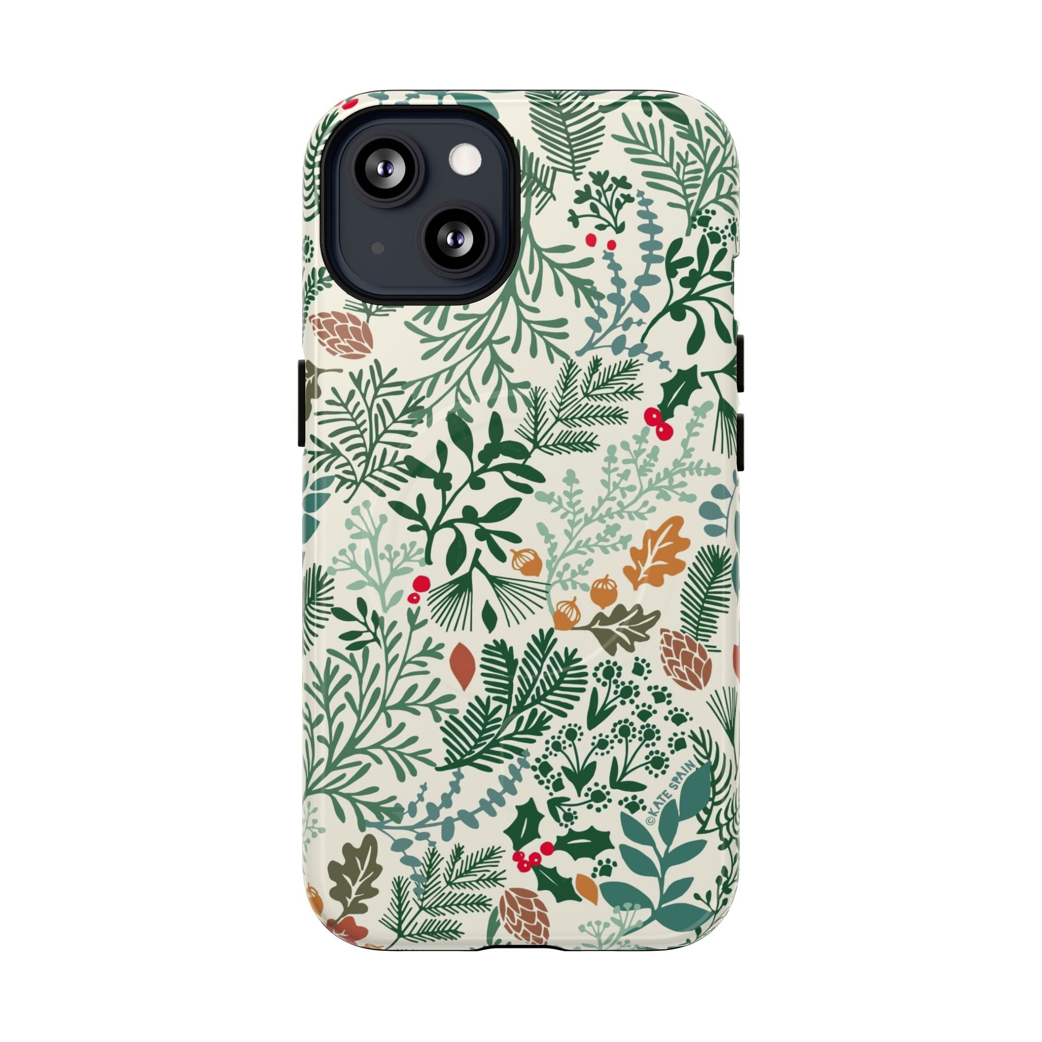 Juniper MagSafe iPhone 13 Case – Glossy | cream, forest green, sage, and rust winter botanical print with pine, holly, acorns, and pinecones