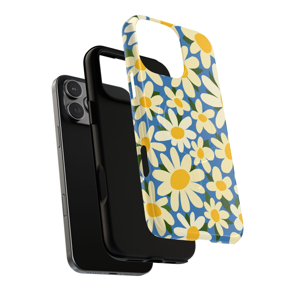 Shasta Daisy MagSafe iPhone 16 Pro Max Case – Dual-layered view of case and inner lining in front of phone, with view of camera cutout and buttons | blue, cream, yellow daisy floral print