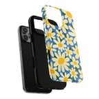 Shasta Daisy MagSafe iPhone 16 Pro Max Case – Dual-layered view of case and inner lining in front of phone, with view of camera cutout and buttons | blue, cream, yellow daisy floral print