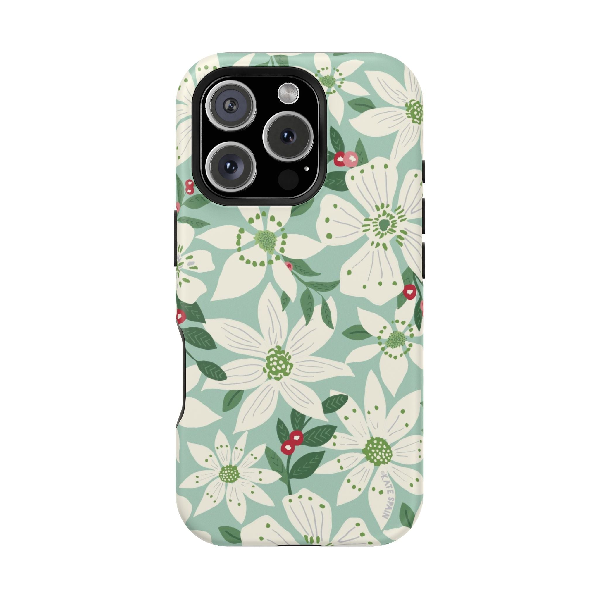 Gardenia MagSafe iPhone 16 Pro Case – Glossy | light blue, white, green, red gardenia botanical print MagSafe compatible, dual-layer protection