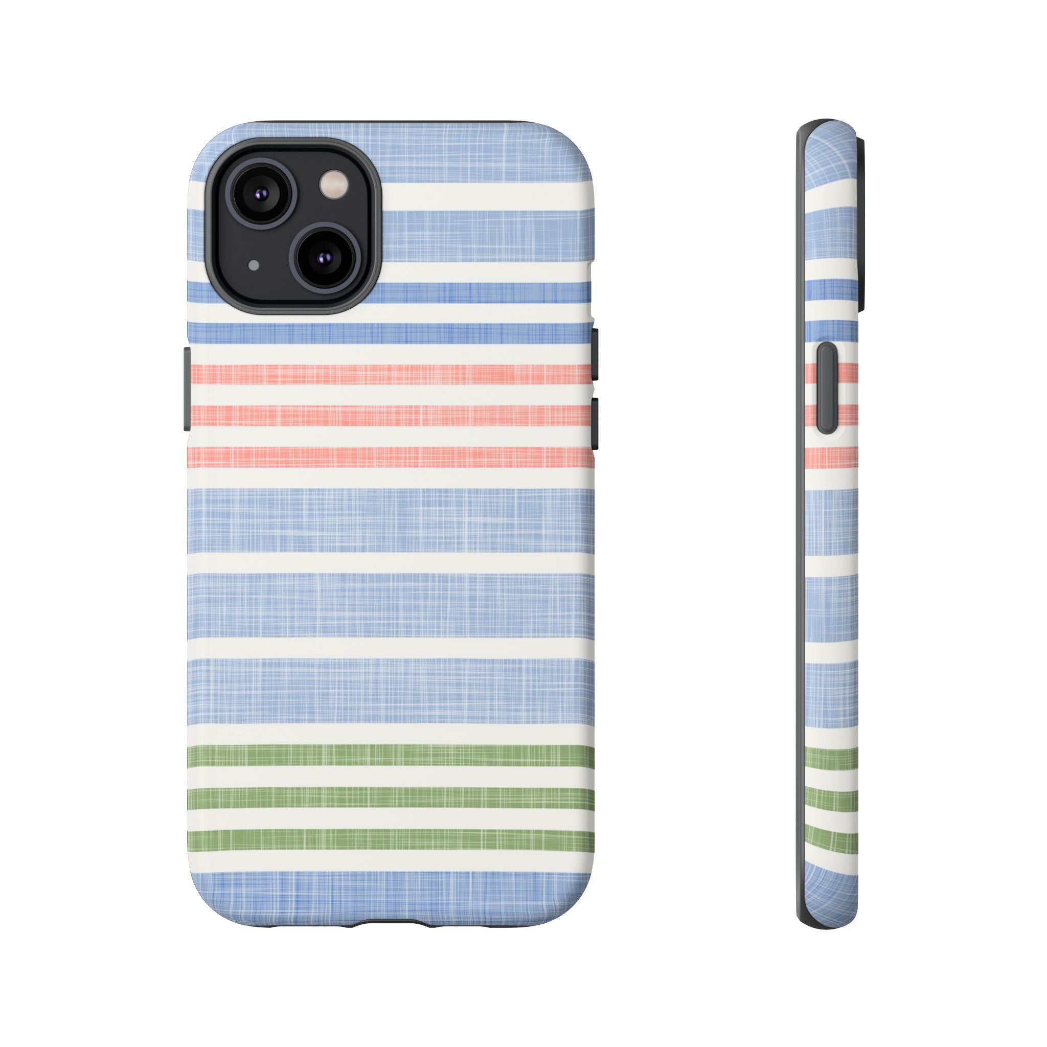 Cabana Stripe Pastel Tough iPhone 14 Plus Case – Matte | soft blue, coral, sage green chambray-textured stripe print dual-layer protection