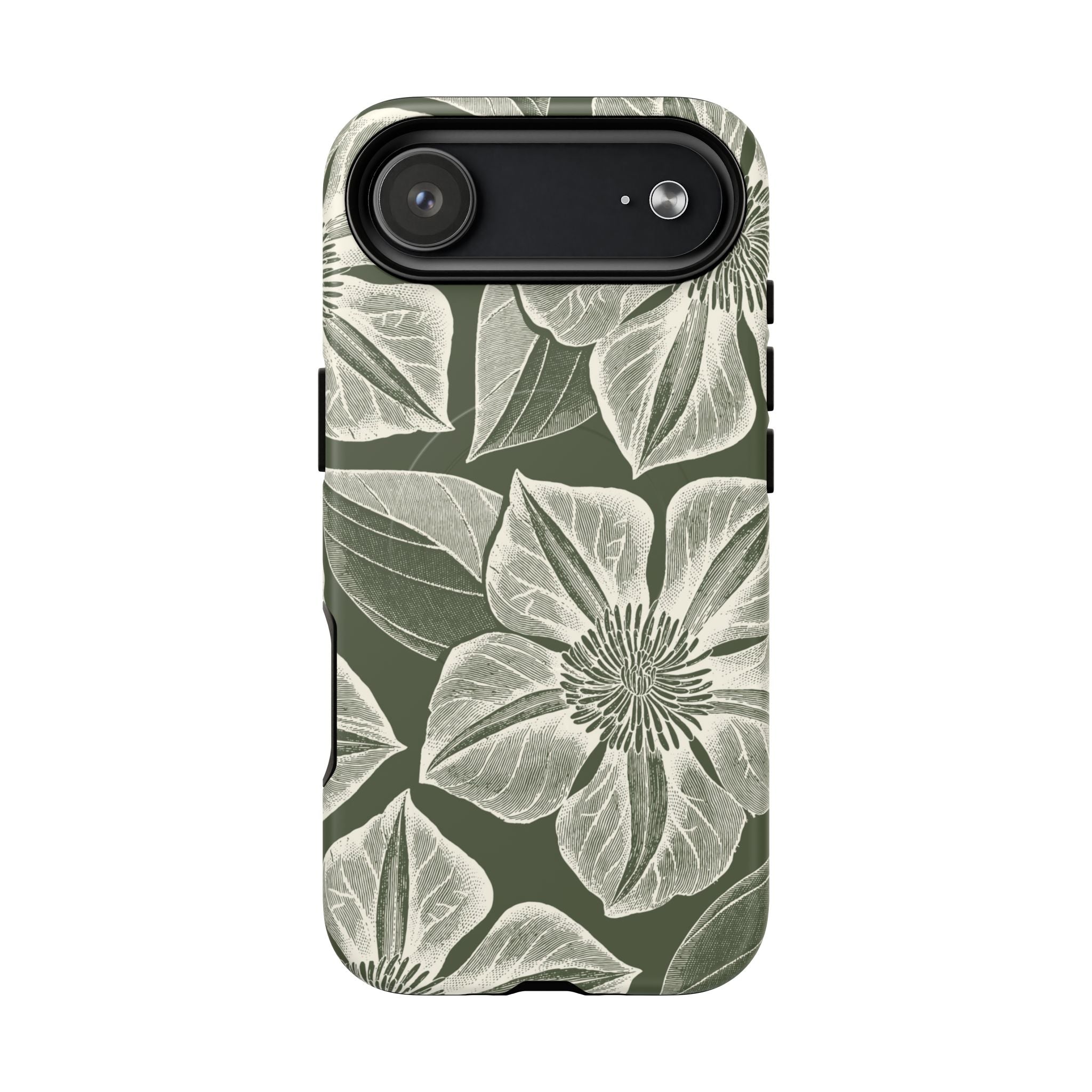 Vintage Bloom Cypress MagSafe iPhone 17 Air – Matte | cypress green ground, large-scale white clematis print, engraved petal detail, dual-layer protection
