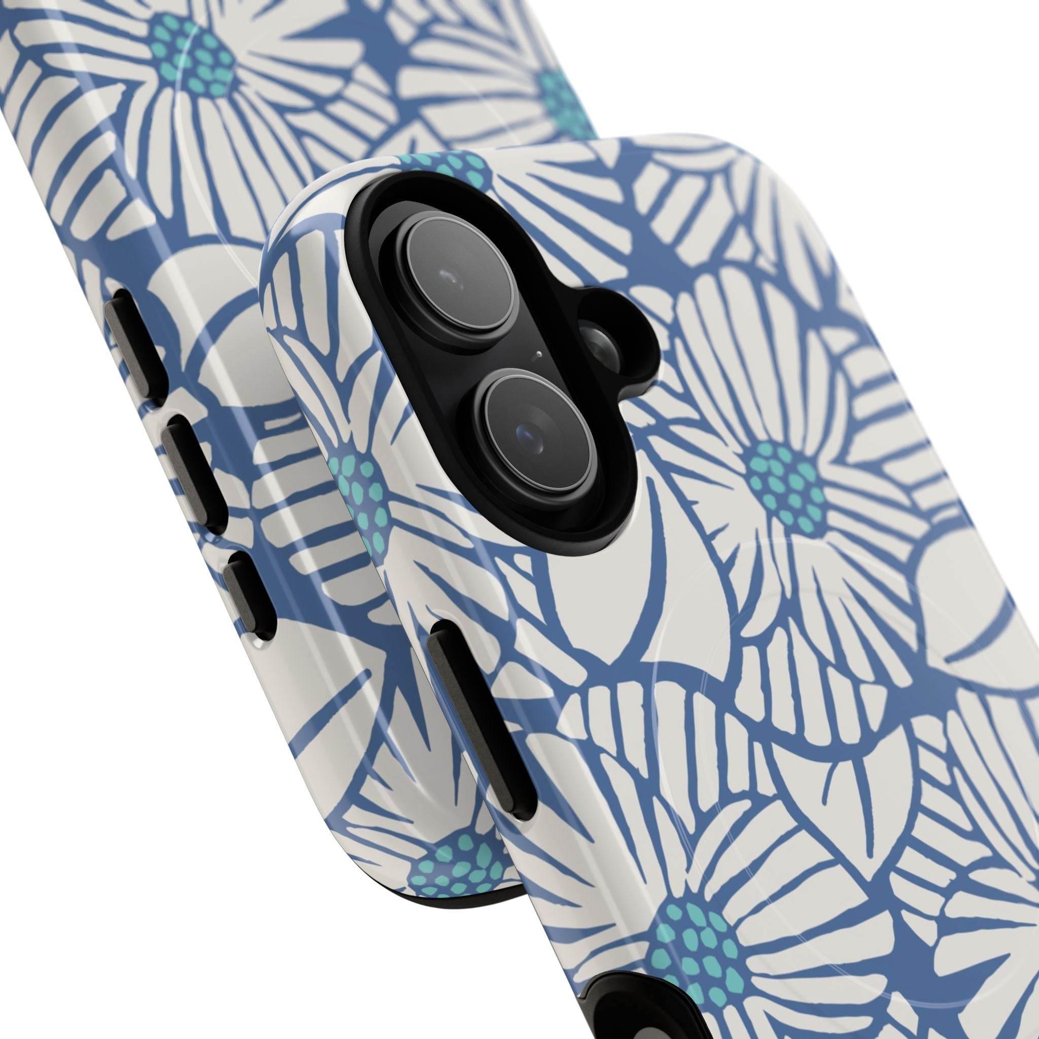 Calendula MagSafe iPhone 17 Case – Glossy | periwinkle, cream, teal graphic daisy floral print | angled view closeup of camera cutout and buttons