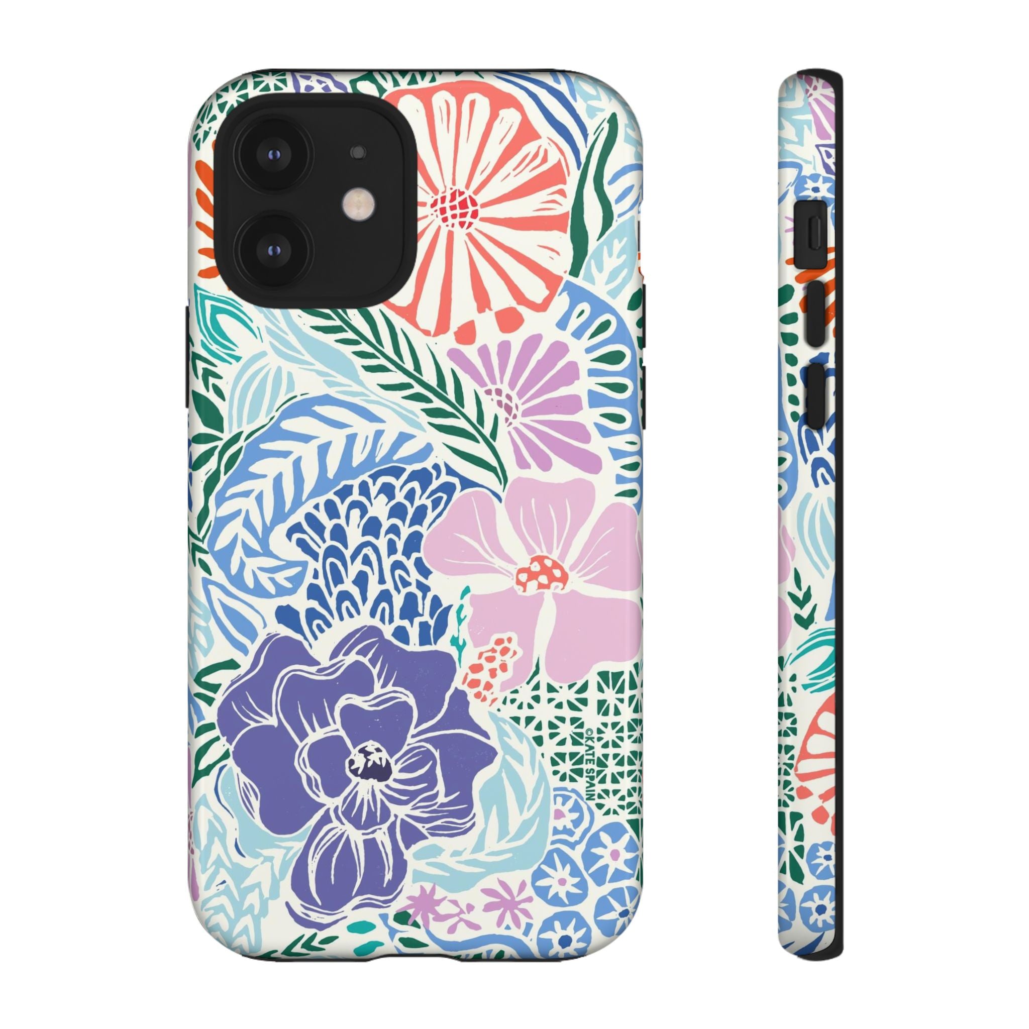 Tropica Tough iPhone 12 Case – Glossy | purple, coral, pink, blue botanical tropical floral print