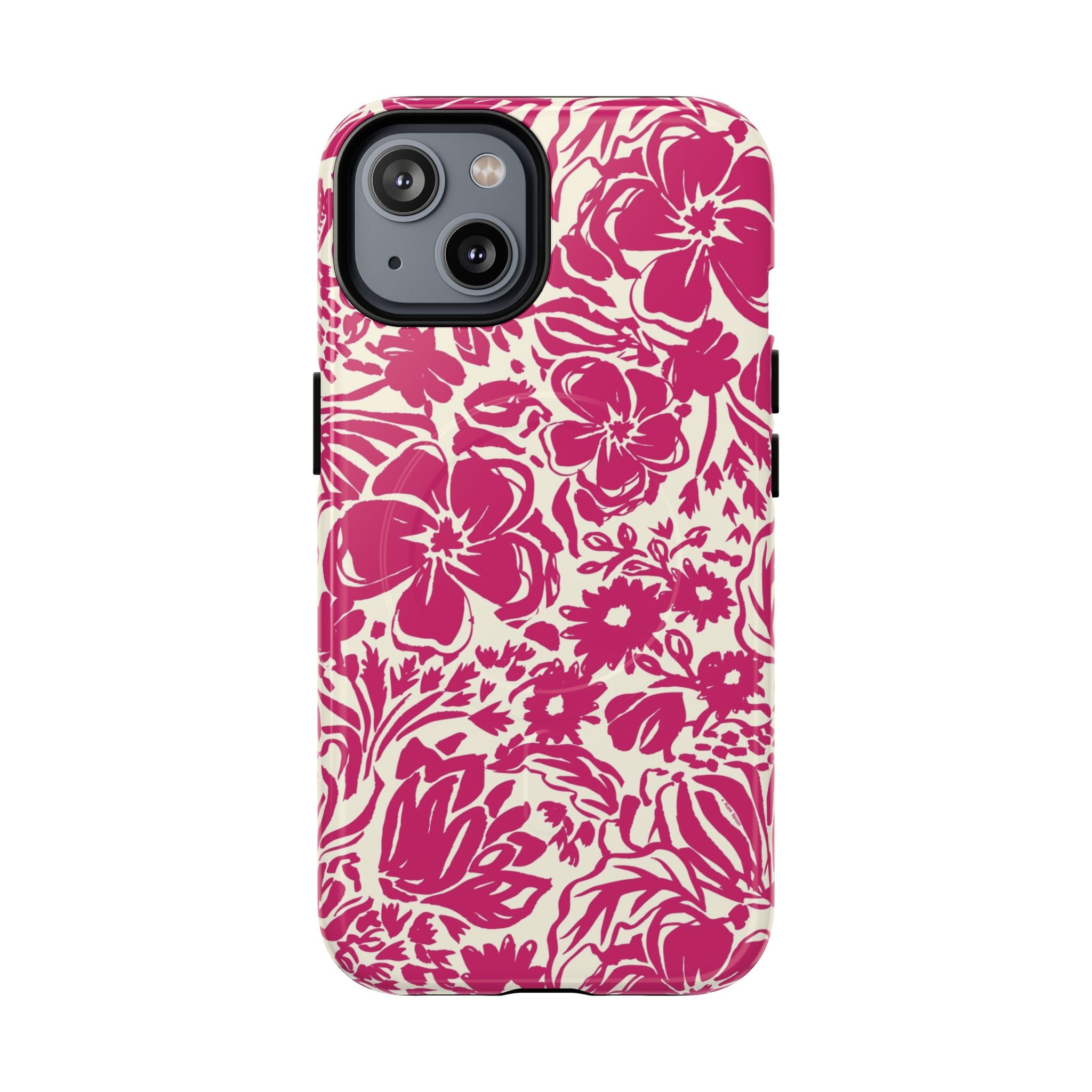 Rhapsody Bright Pink MagSafe iPhone 14 Glossy case — bold magenta floral print on cream by Kate Spain