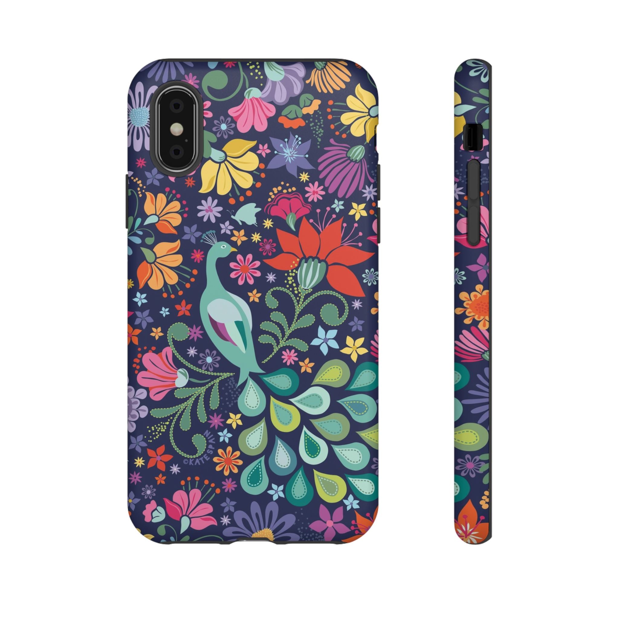 Peacock Sanctuary Tough iPhone XS Case – Matte | navy, teal, coral multicolor vibrant peacock feather botanical print