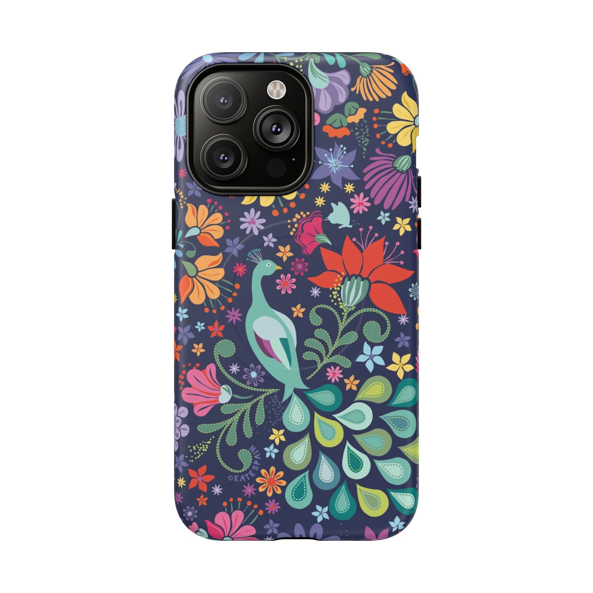 Peacock Sanctuary MagSafe iPhone 14 Pro Max Case – Matte | navy, teal, coral multicolor vibrant peacock feather botanical print
