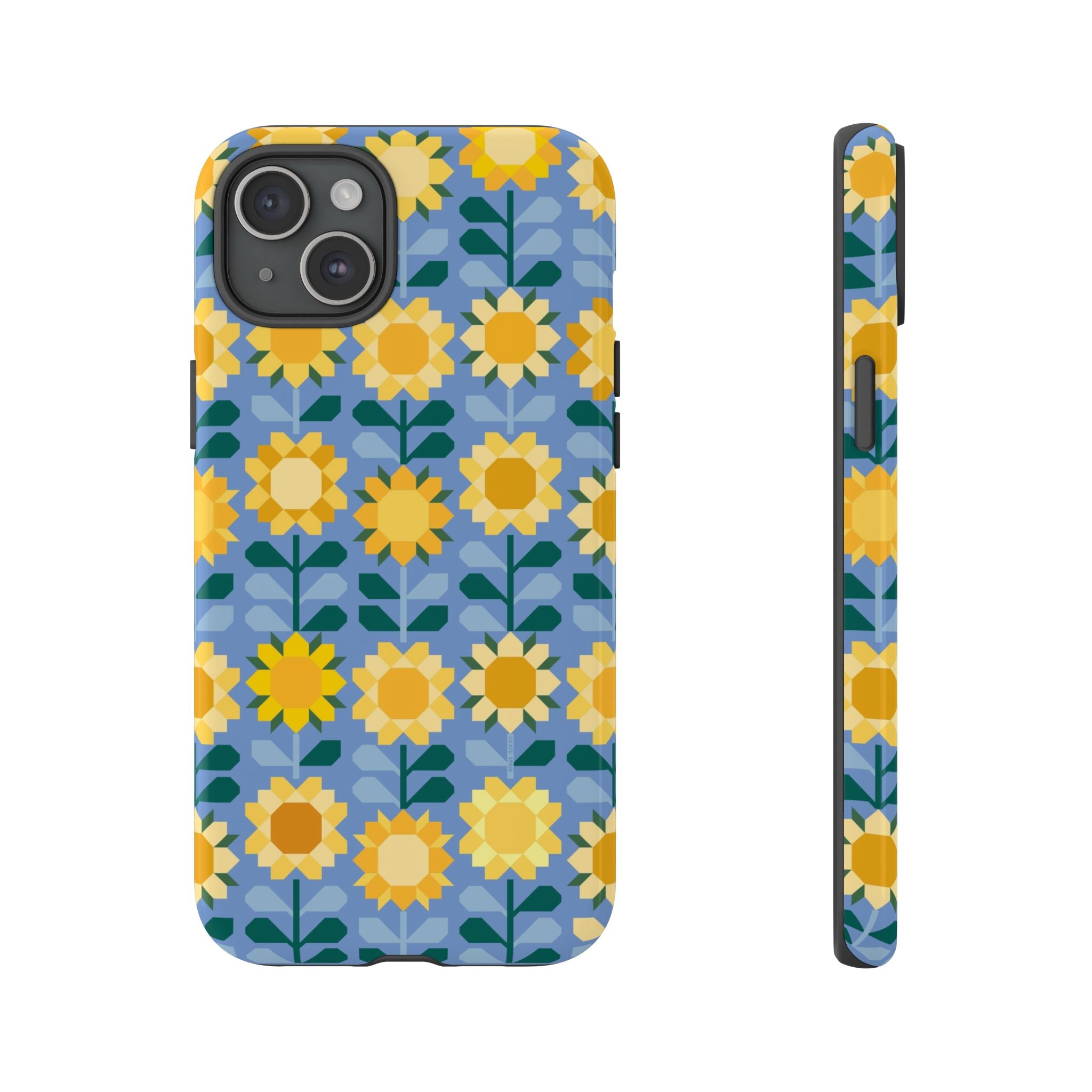 Sunflowers Tough iPhone 15 Plus Case – Glossy | blue, yellow, gold geometric sunflower print