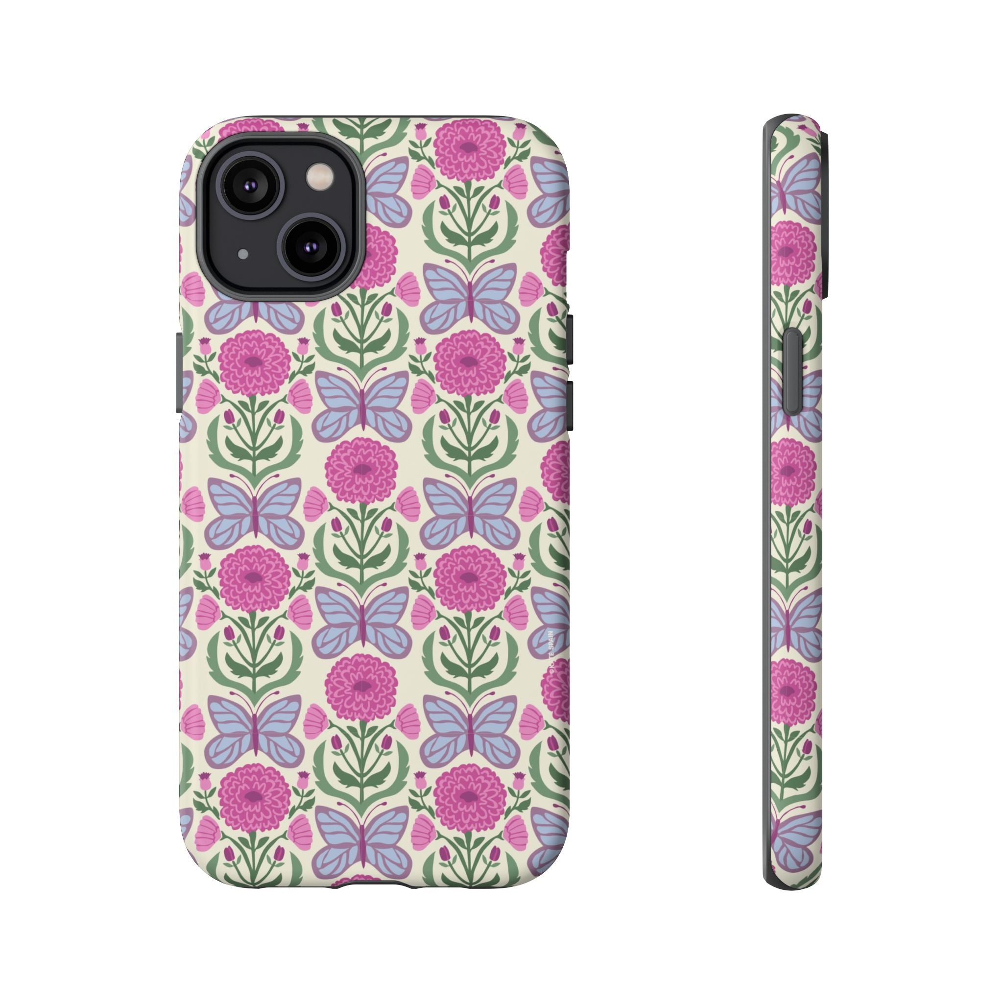 Butterfly Tough iPhone 14 Plus Case – Matte | cream, magenta, periwinkle butterfly floral print