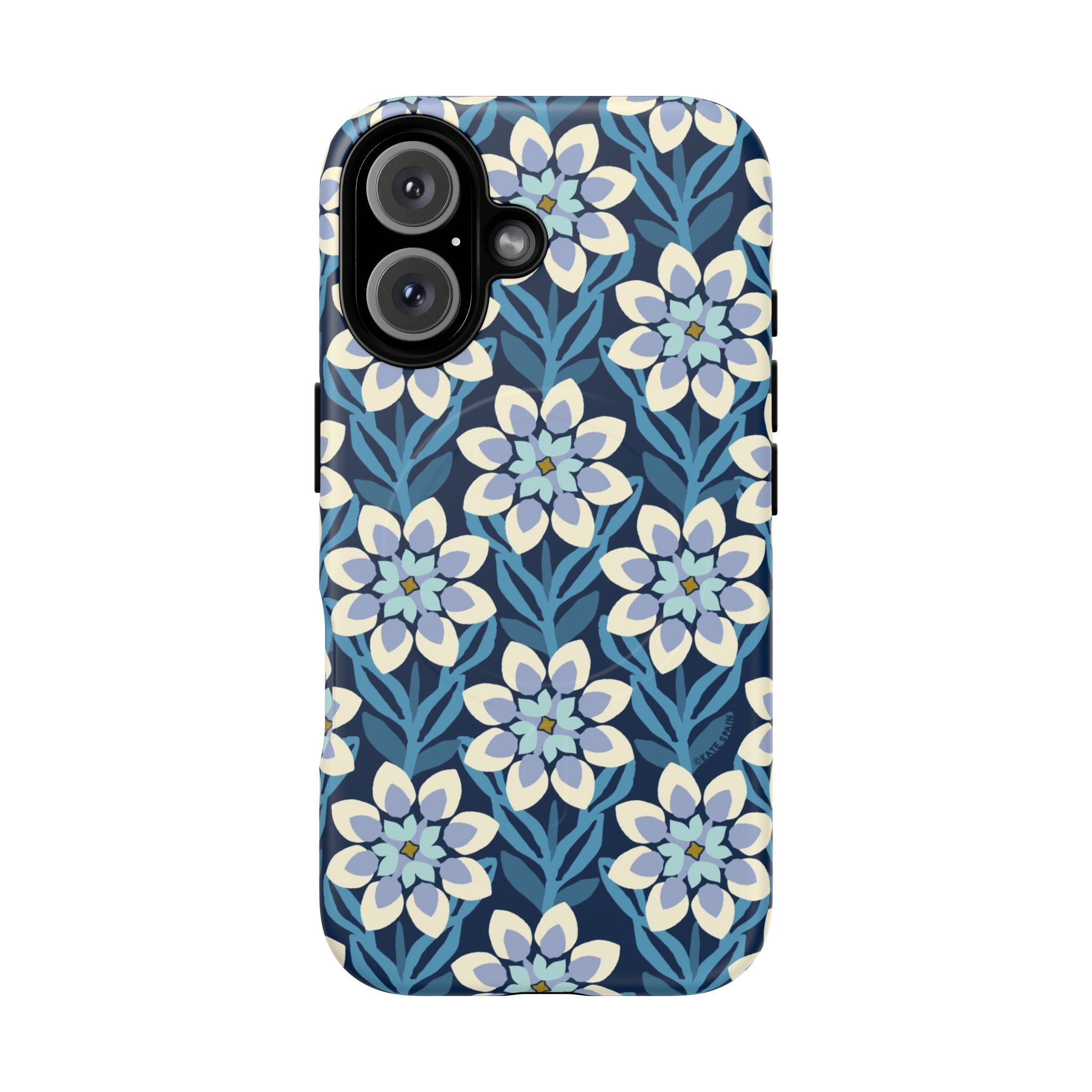 Luxury Modern Dahlia MagSafe iPhone 16 Case – Matte | navy, slate blue, white geometric dahlia tile floral print