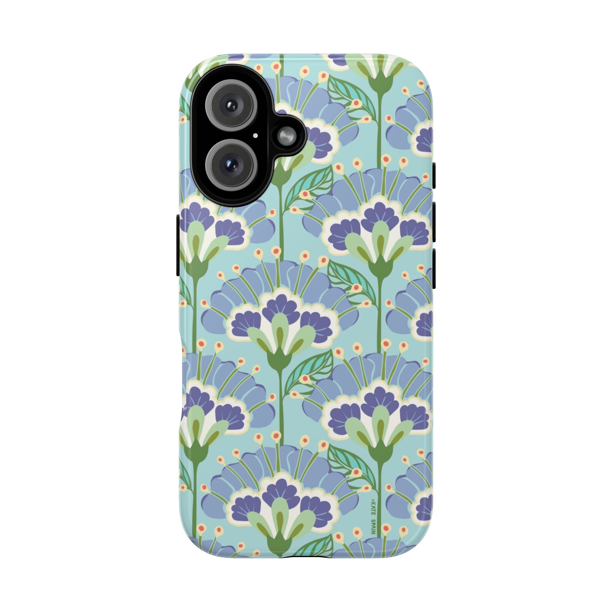 Lantern Flower Tough iPhone 15 Pro Max Case – Glossy | aqua, periwinkle, green botanical lantern floral print