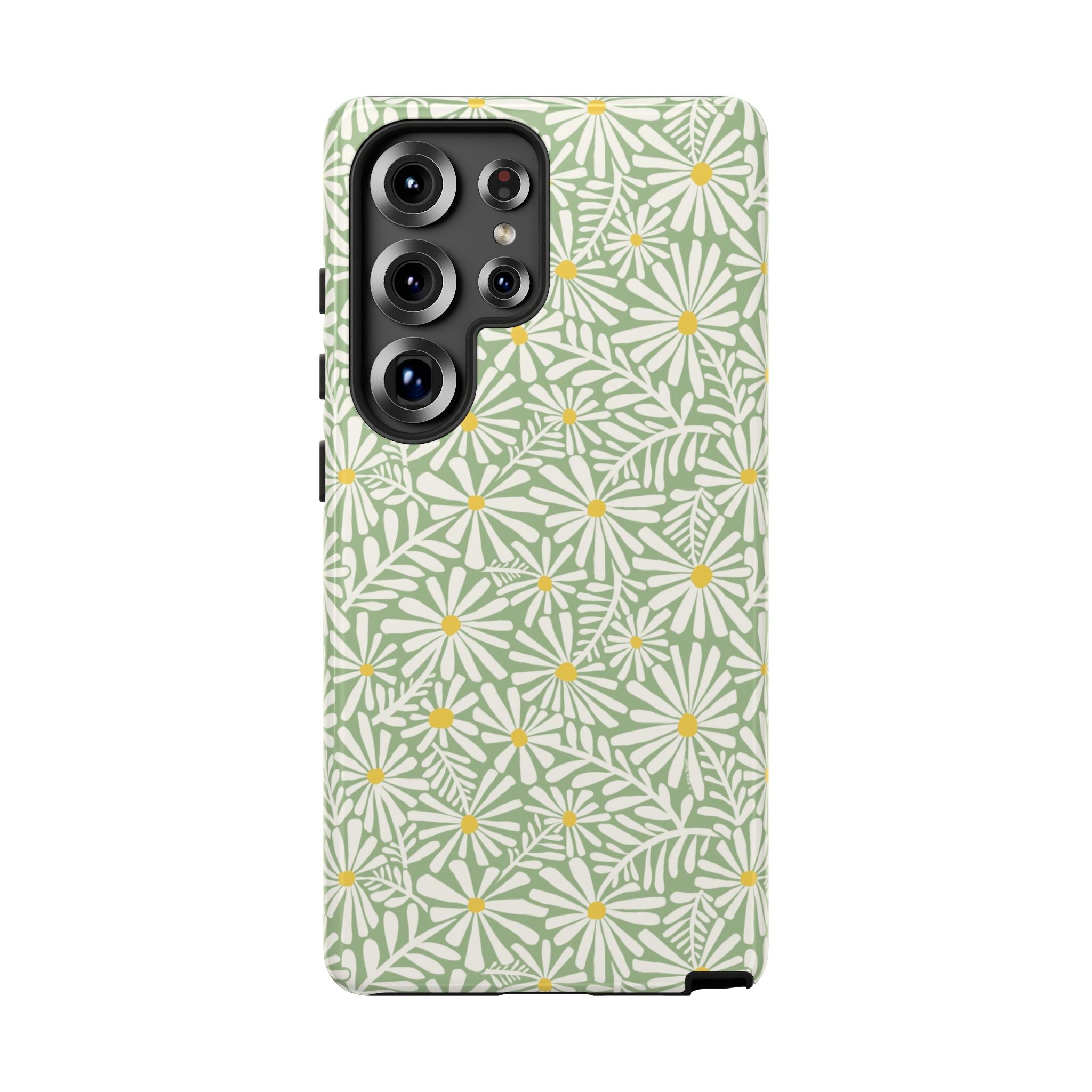 Montauk Daisy Meadow Green Samsung Galaxy S25 Ultra Matte case — white daisy and fern print on sage green by Kate Spain