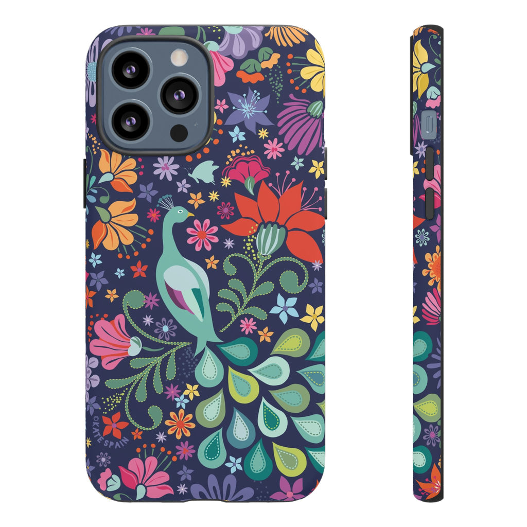 Peacock Sanctuary Tough iPhone 13 Pro Max Case – Matte | navy, teal, coral multicolor vibrant peacock feather botanical print