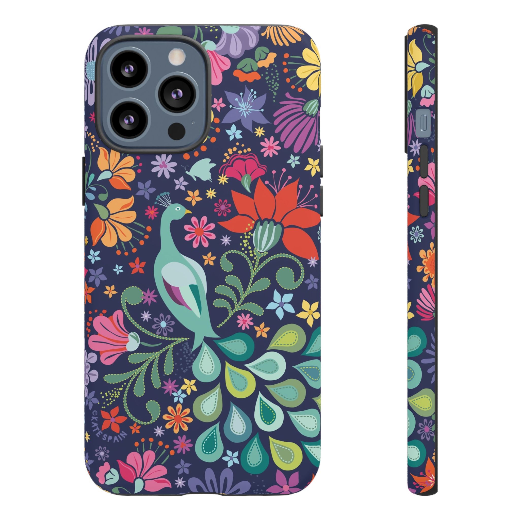 Peacock Sanctuary Tough iPhone 13 Pro Max Case – Matte | navy, teal, coral multicolor vibrant peacock feather botanical print