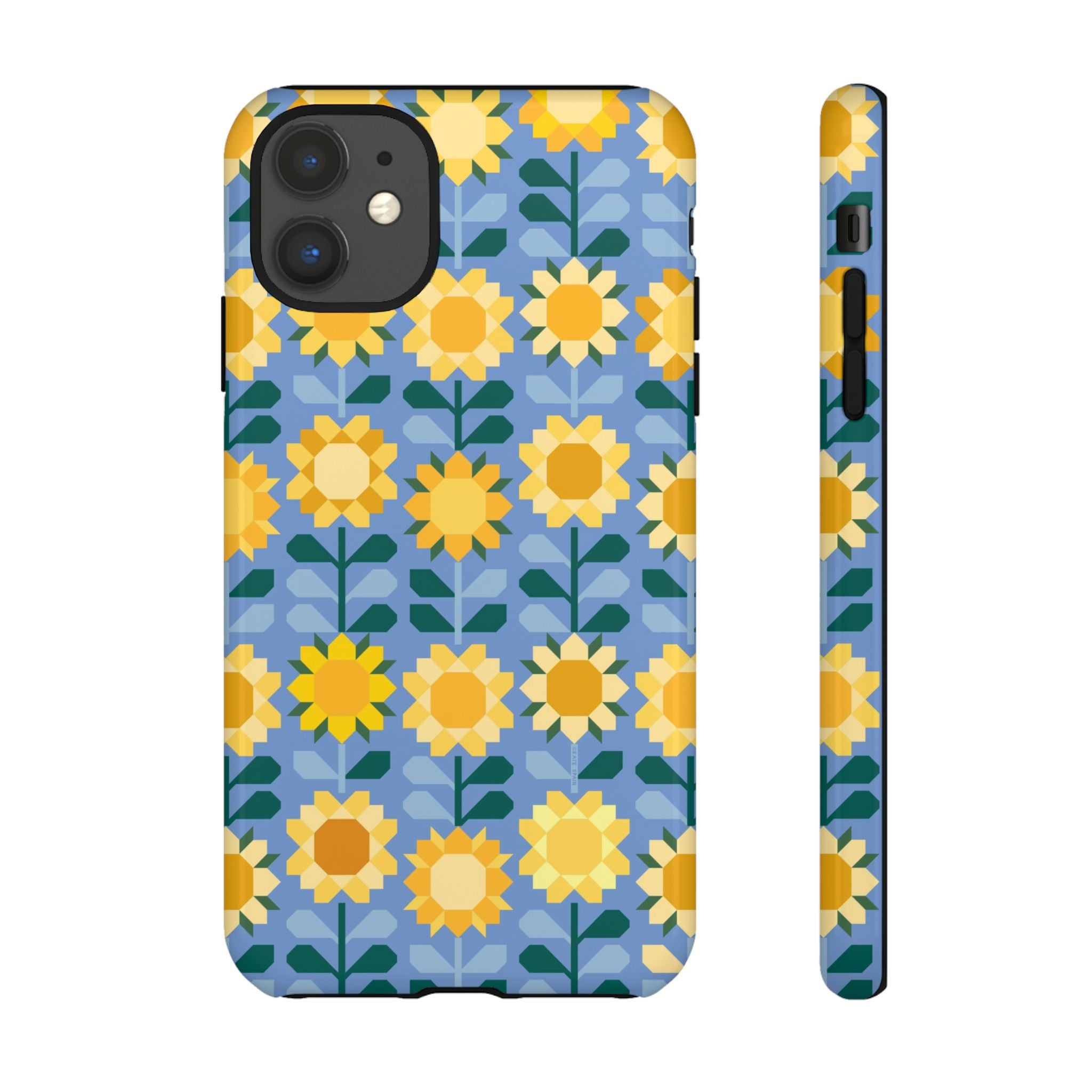 Sunflowers Tough iPhone 11 Case – Glossy | blue, yellow, gold geometric sunflower print