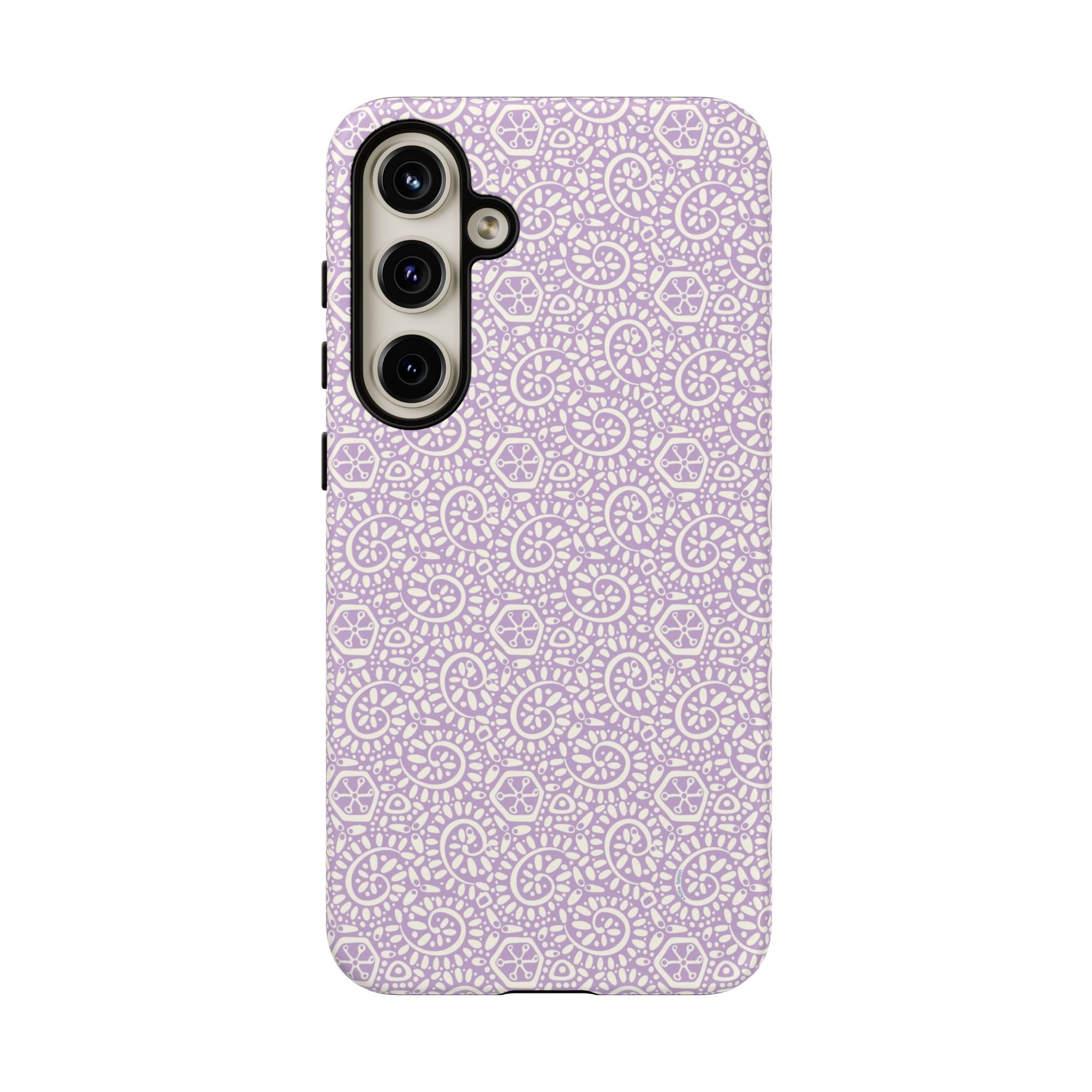 Canto Swirls Lavender Samsung Galaxy S24 Plus Matte Case — lavender hard case covered in an intricate folk-art medallion pattern of radiating circular motifs, dot clusters, and geometric centers