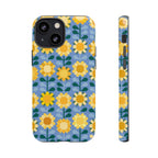 Sunflowers Tough iPhone 13 Mini Case – Glossy | blue, yellow, gold geometric sunflower print