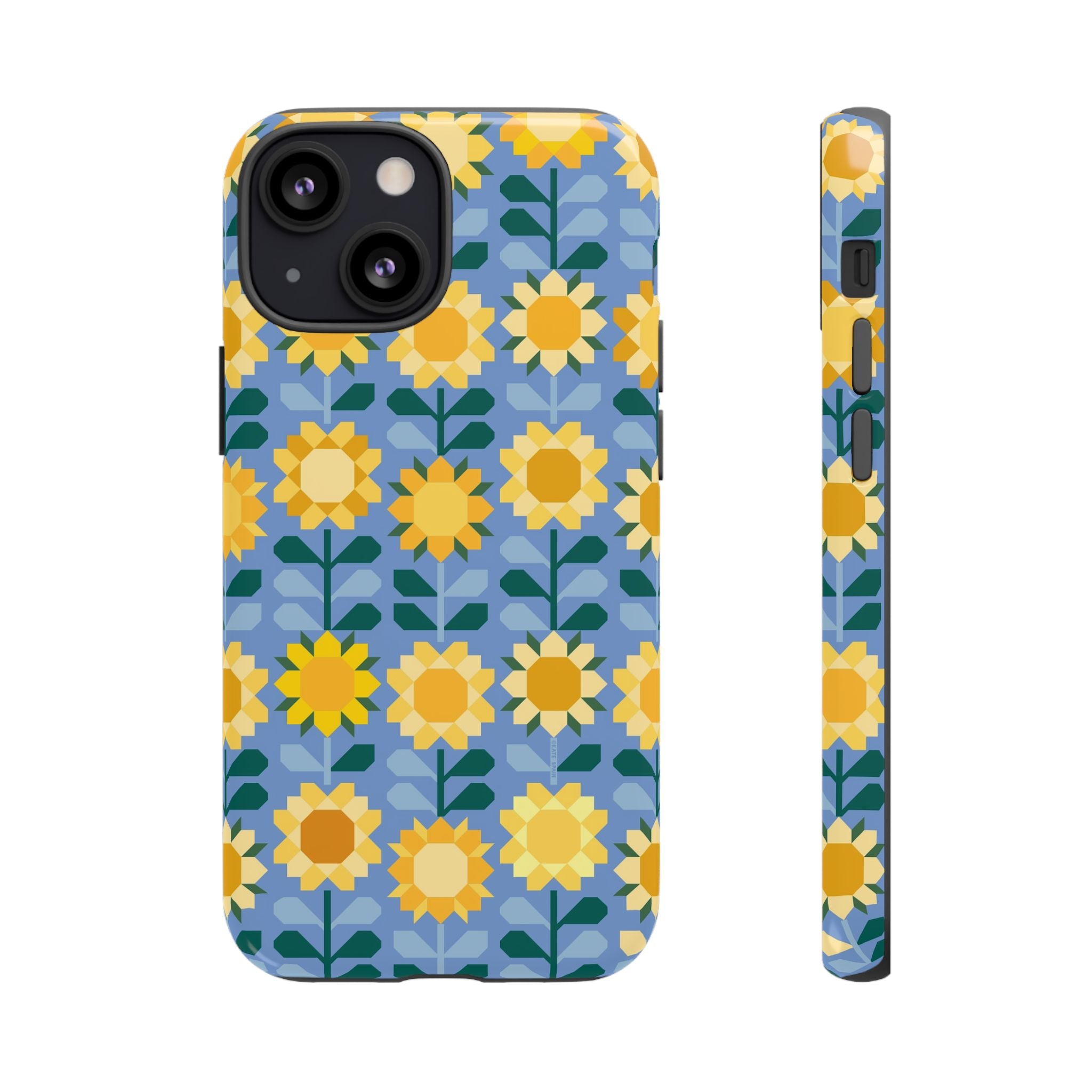 Sunflowers Tough iPhone 13 Mini Case – Glossy | blue, yellow, gold geometric sunflower print