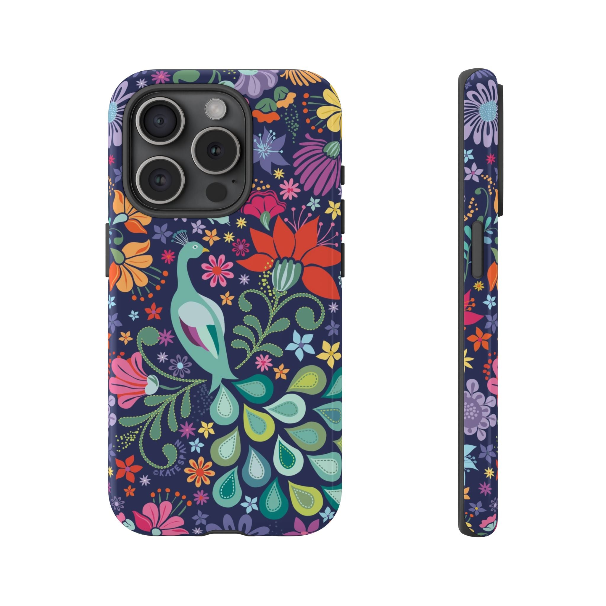 Peacock Sanctuary Tough iPhone 15 Pro Case – Glossy | navy, teal, coral multicolor vibrant peacock feather botanical print