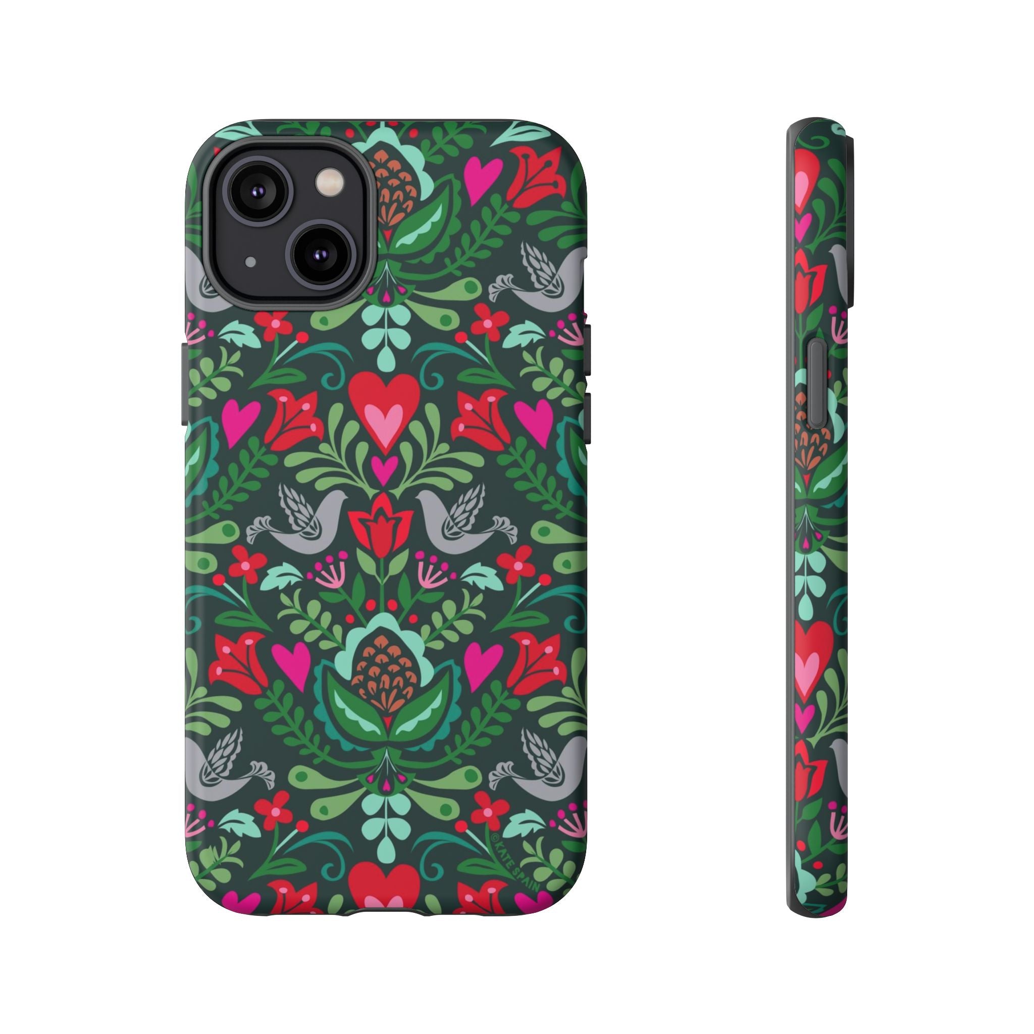 Rosemaling Tough iPhone 14 Plus Case – Matte | dark green, red, pink, gray folk art floral bird print