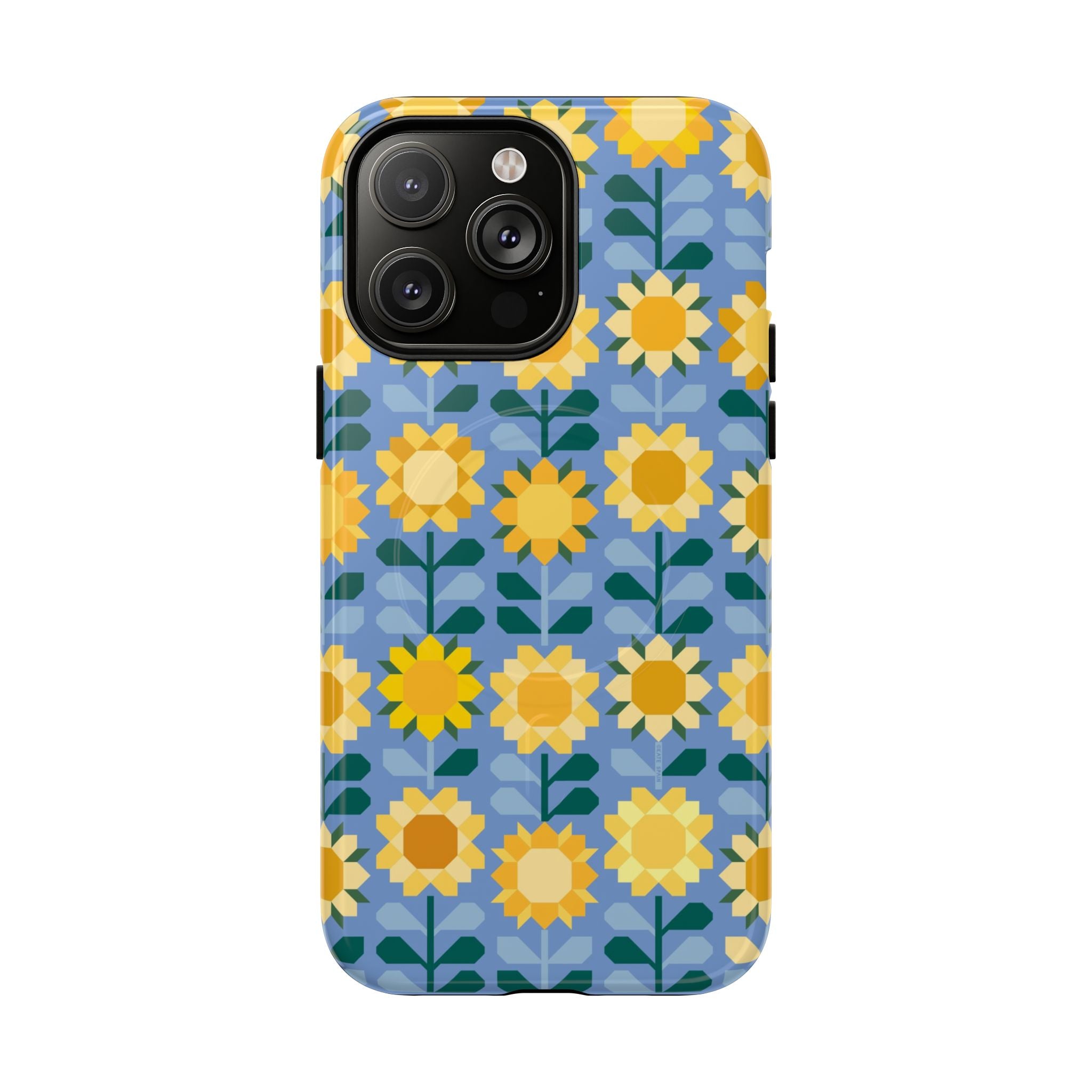 Sunflowers MagSafe iPhone 14 Pro Max Case – Glossy | blue, yellow, gold geometric sunflower print