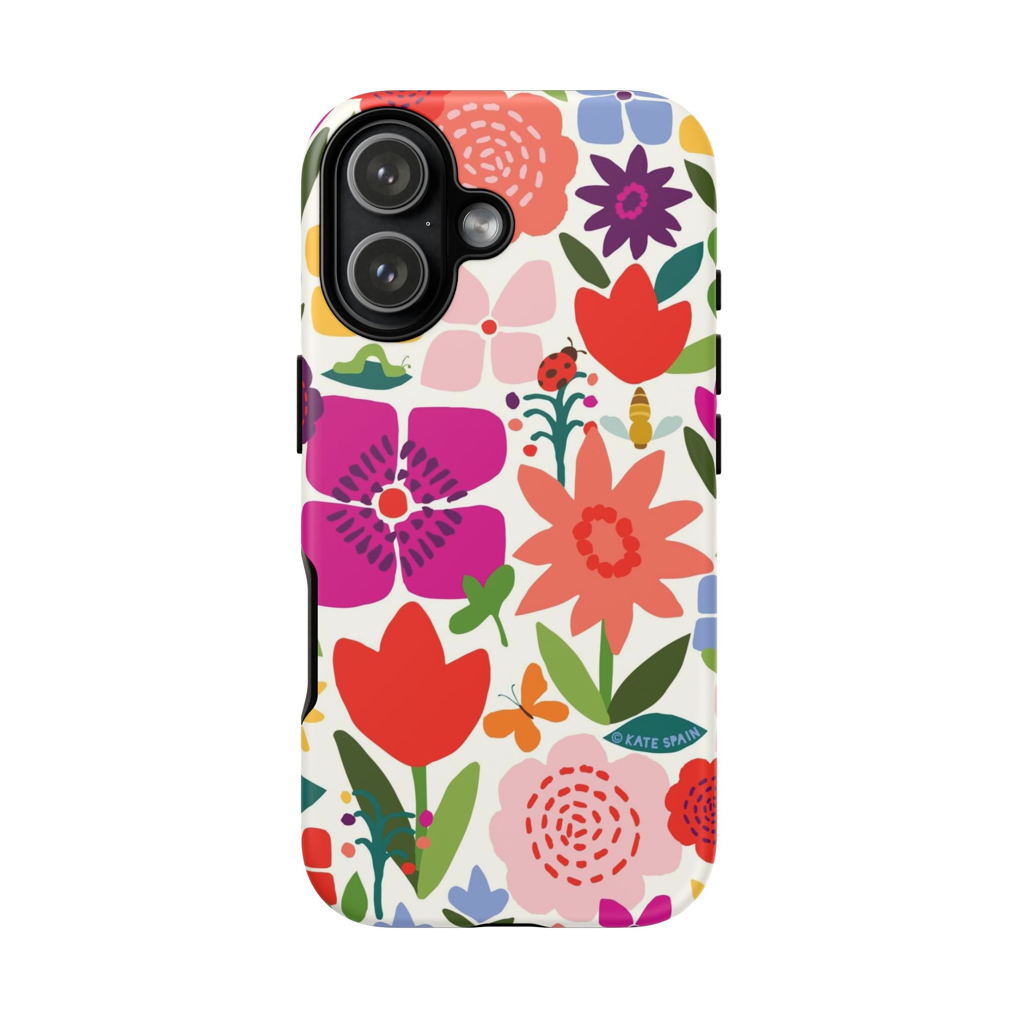 Happy Blooms Tough iPhone 17 Case – Matte | cream, red, magenta, coral botanical floral print