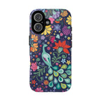 Peacock Sanctuary MagSafe iPhone 16 Case – Glossy | navy, teal, coral multicolor vibrant peacock feather botanical print