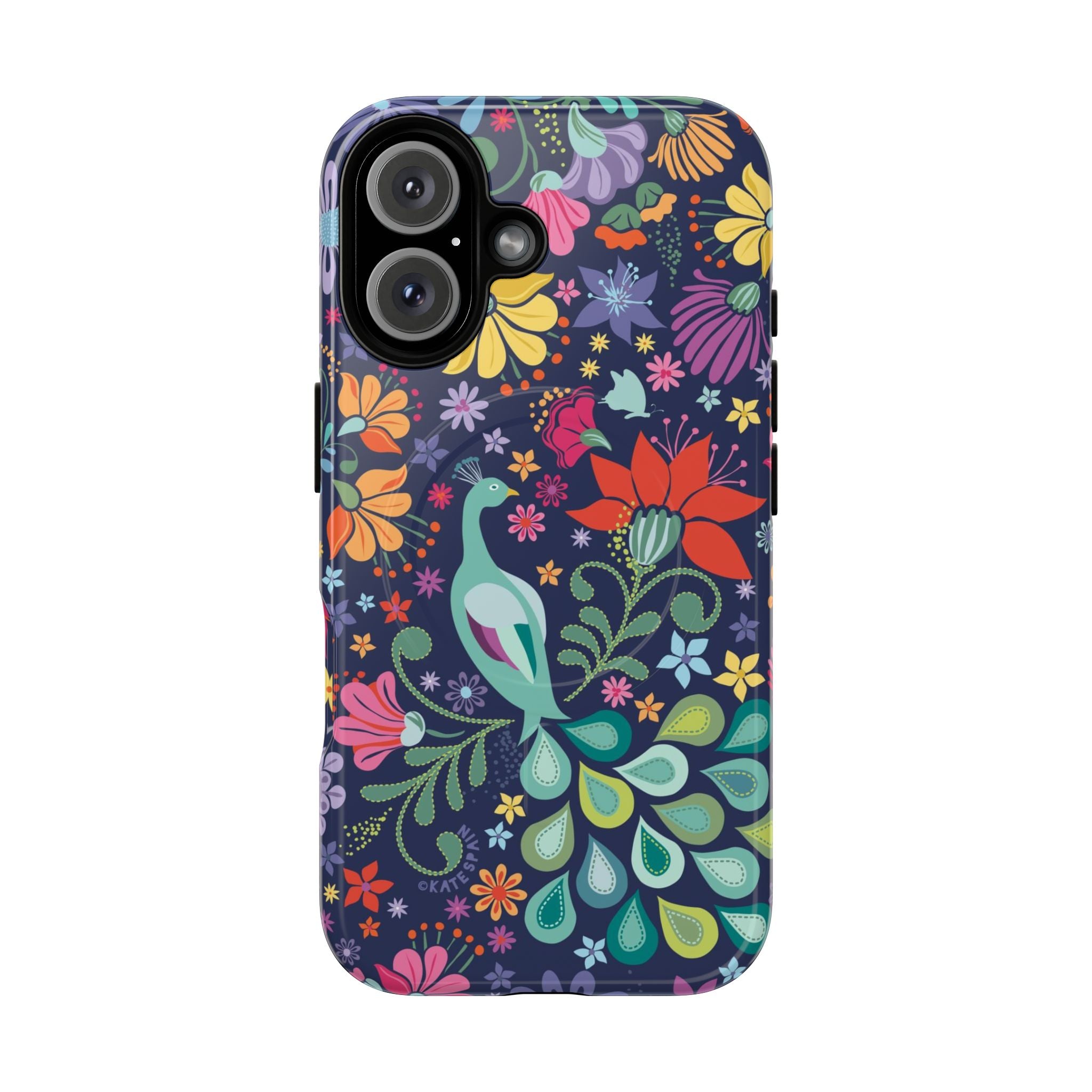Peacock Sanctuary MagSafe iPhone 16 Case – Glossy | navy, teal, coral multicolor vibrant peacock feather botanical print