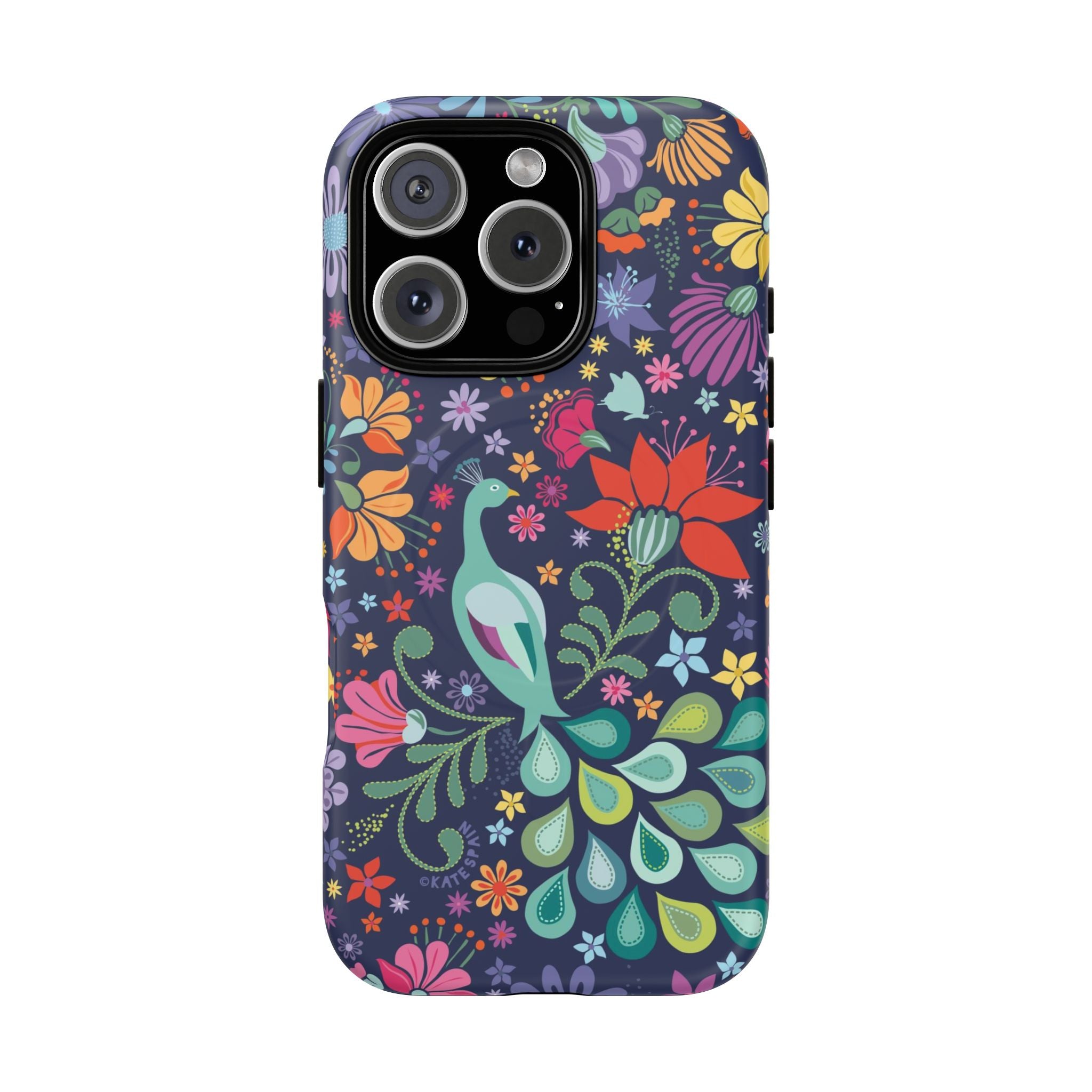 Peacock Sanctuary MagSafe iPhone 16 Pro Case – Matte | navy, teal, coral multicolor vibrant peacock feather botanical print