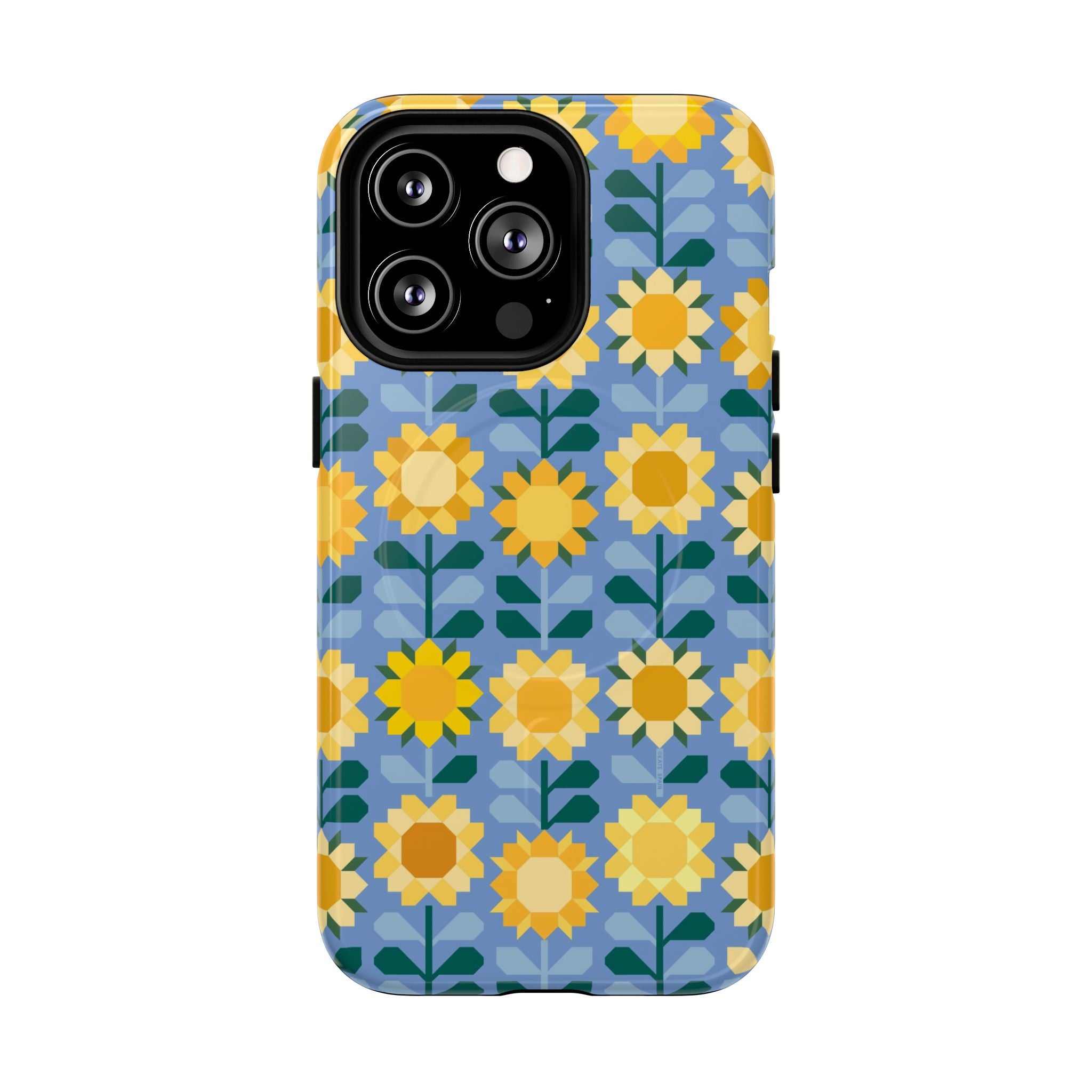 Sunflowers MagSafe iPhone 13 Pro Case – Glossy | blue, yellow, gold geometric sunflower print