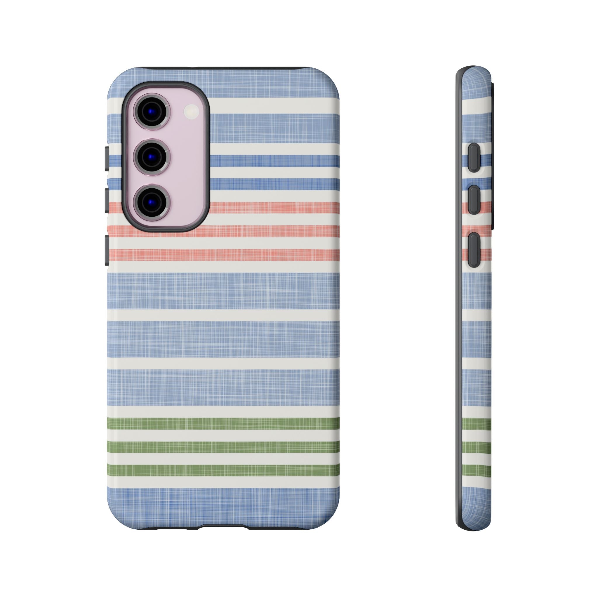 Cabana Stripe Pastel Samsung Galaxy S23 Plus Case – Glossy | soft blue, coral, sage green chambray-textured stripe print dual-layer protection