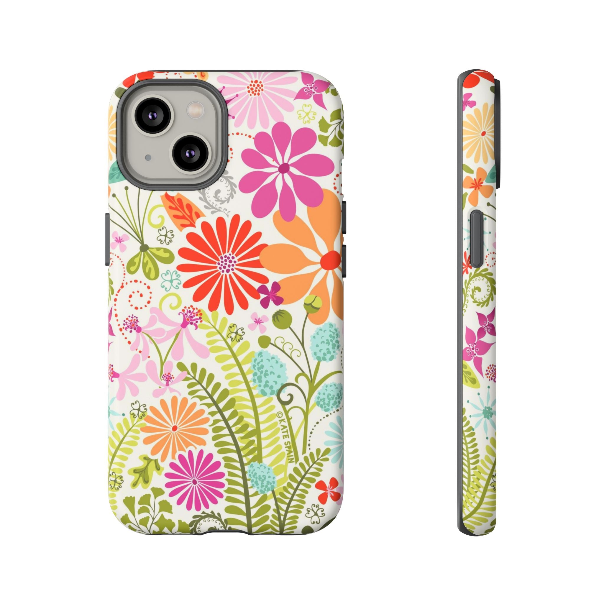 Luxury Terrain Tough iPhone 14 Case – Matte | white, magenta, coral botanical woodland floral print