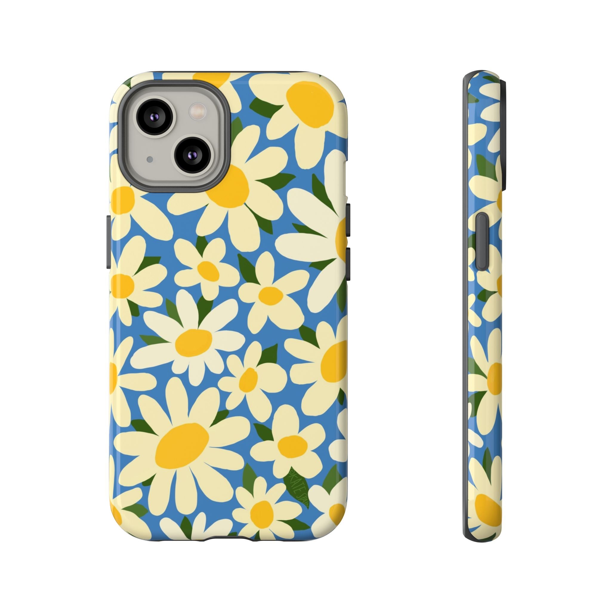 Shasta Daisy Tough iPhone 14 Case – Glossy | blue, cream, yellow daisy floral print