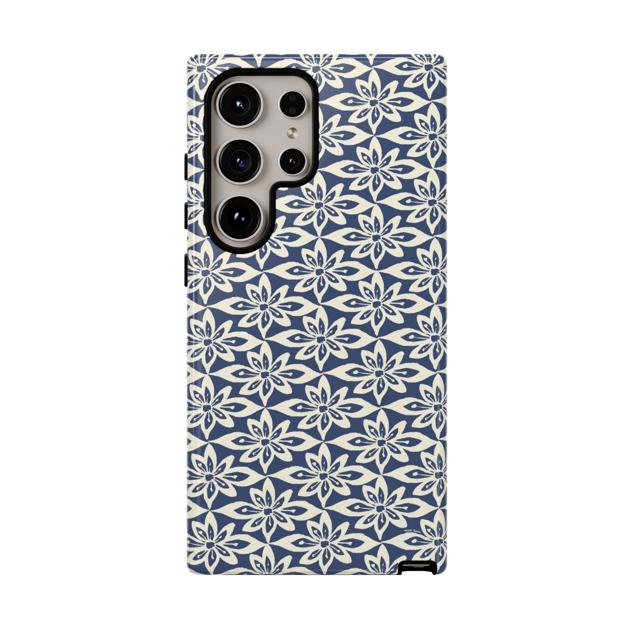 Lily Navy Blue Samsung Galaxy S24 Ultra Glossy case — graphic white lily print on deep navy — botanical phone case by Kate Spain
