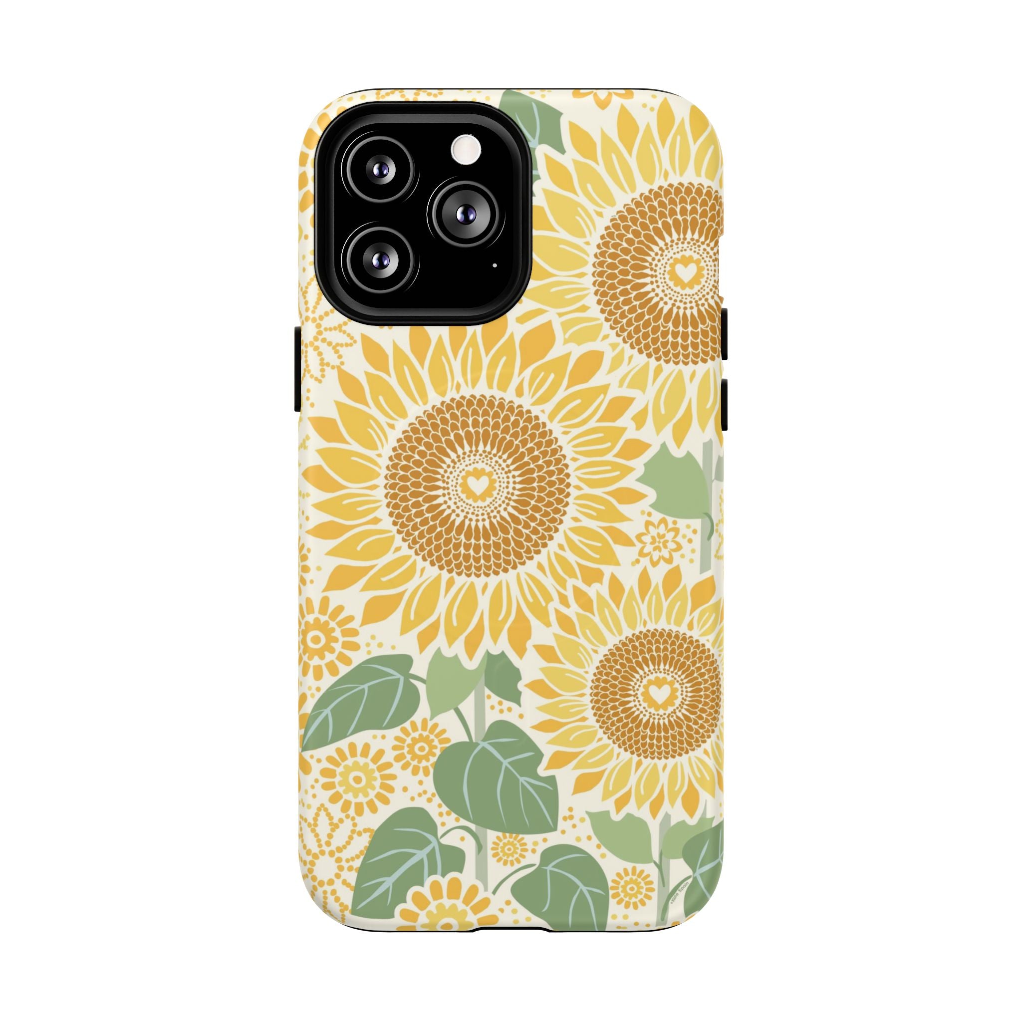 Sunny Sunflower MagSafe iPhone 13 Pro Max – Matte | cream ground, large-scale yellow sunflower print, golden seed detail with heart centers, dual-layer protection