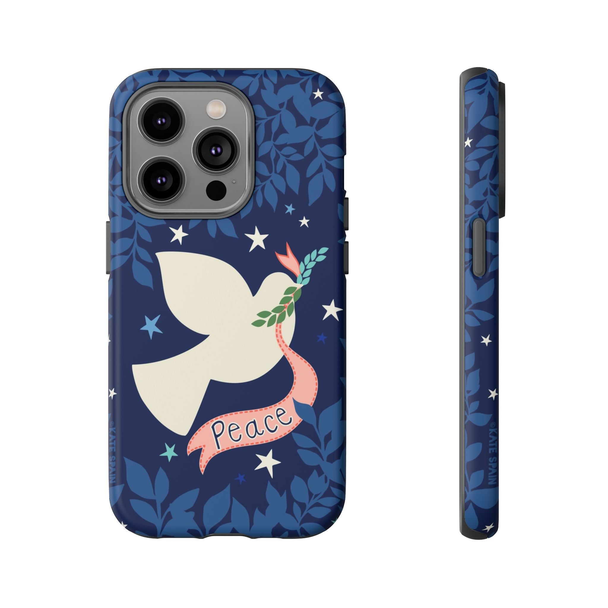 Peace Tough iPhone 14 Pro Case – Matte | navy, cream peace dove, stars, botanical print